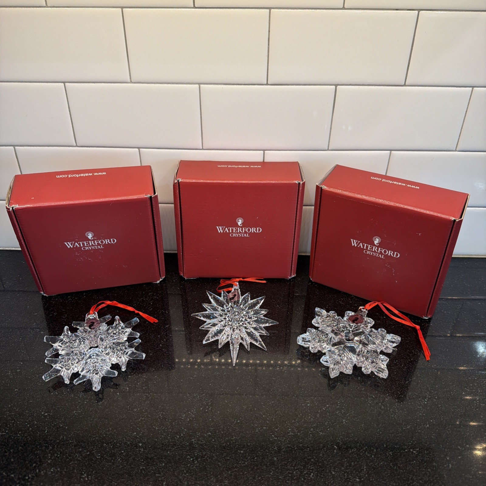 Set/3 Waterford Crystal Snowflake Clear Ornaments In Box Christmas Holiday Gift Set/3 Waterford Crystal Snowflake Clear Ornaments In Box Christmas Holiday Gift