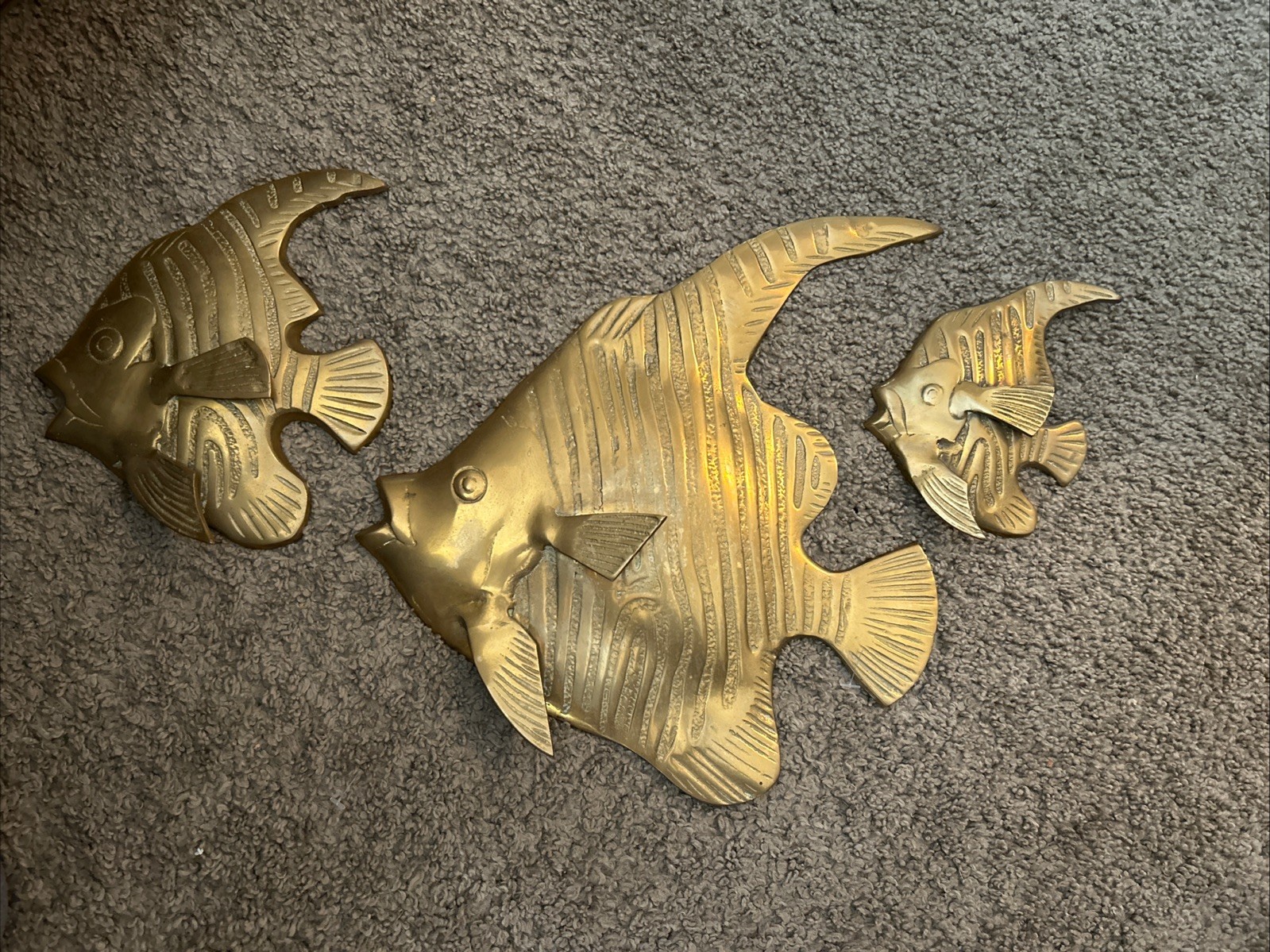 Set Of 3 Vintage MCM Solid Brass Tropical Fish Hanging Wall Art Angel Sunfish 