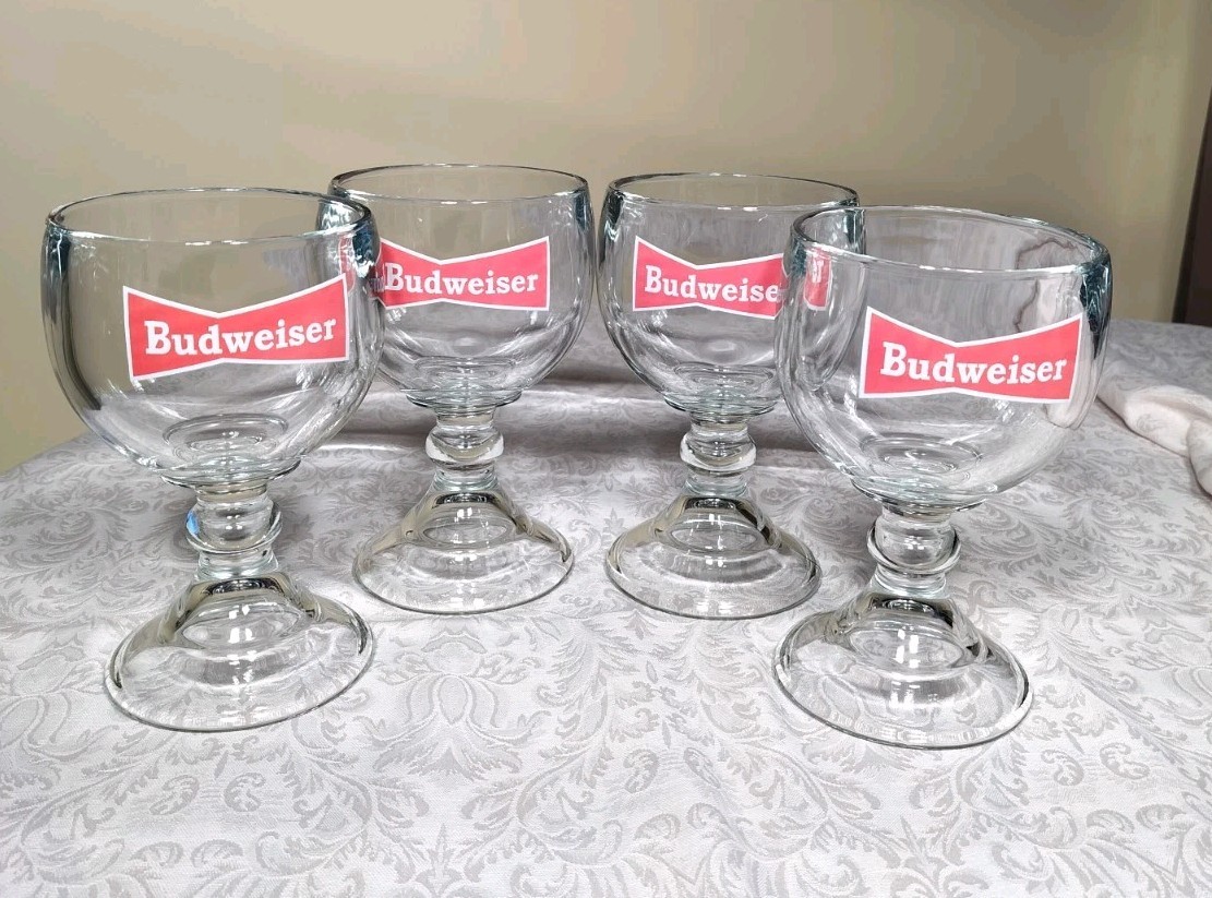 Set Of Four Vintage Large 16 Ounce Heavy Glass Budweiser Goblets Made In Mexico 