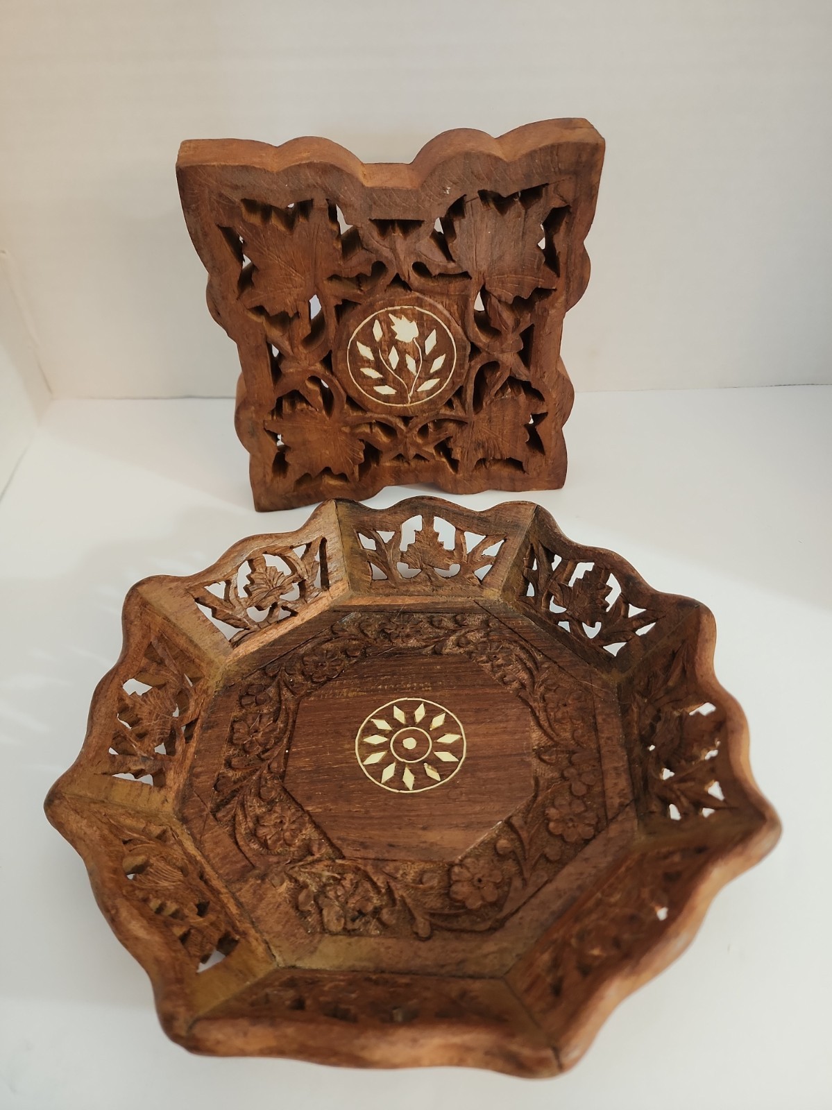 Vtg 70s Wooden Bowl & Trivet w/Inlay Made in India 