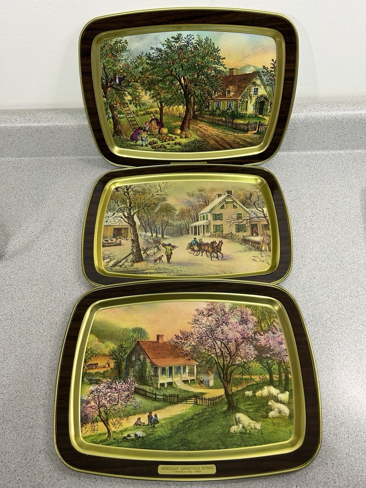 (3) Vtg Currier and Ives Metal Trays American Homestead Three Seasons