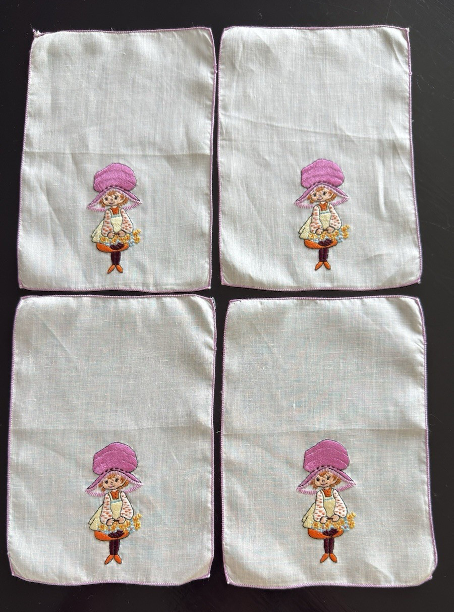 Vintage Cocktail Napkins HOLLY HOBBIE Hand Embroidered Set 4