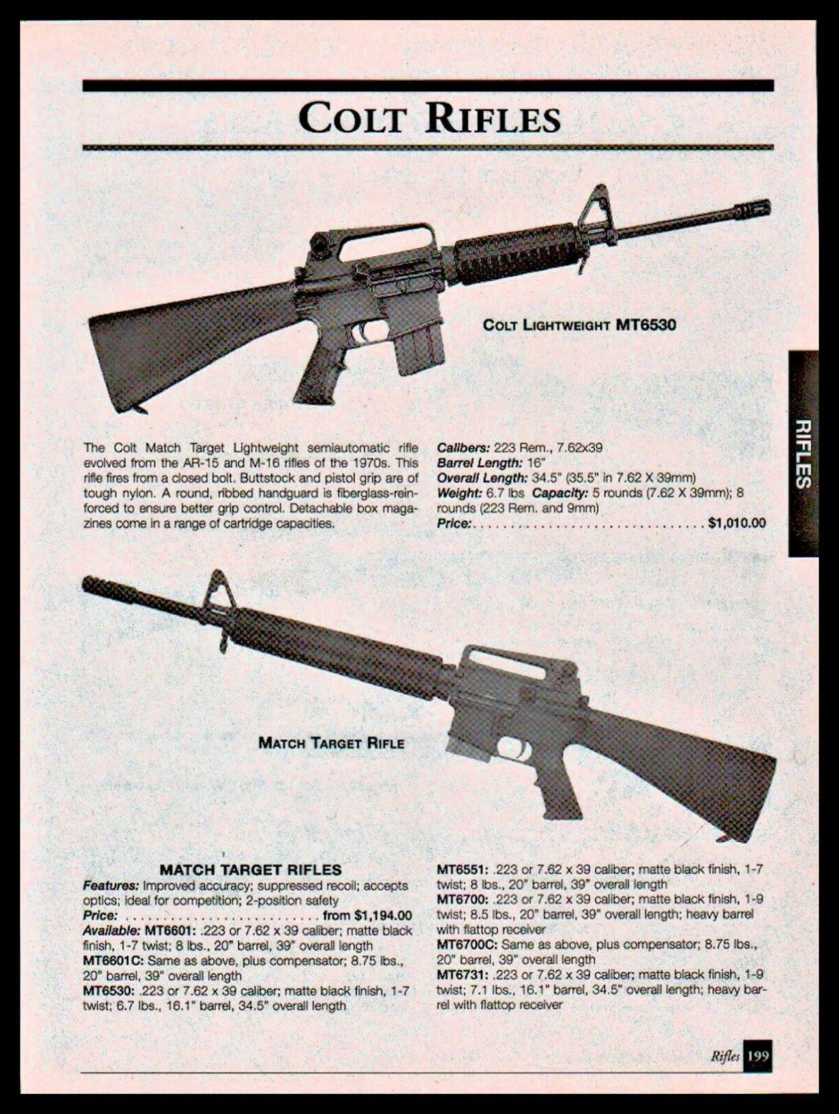 2001 COLT Lightweight MT6530 & Match Target Rifle AD w/ specs & prices