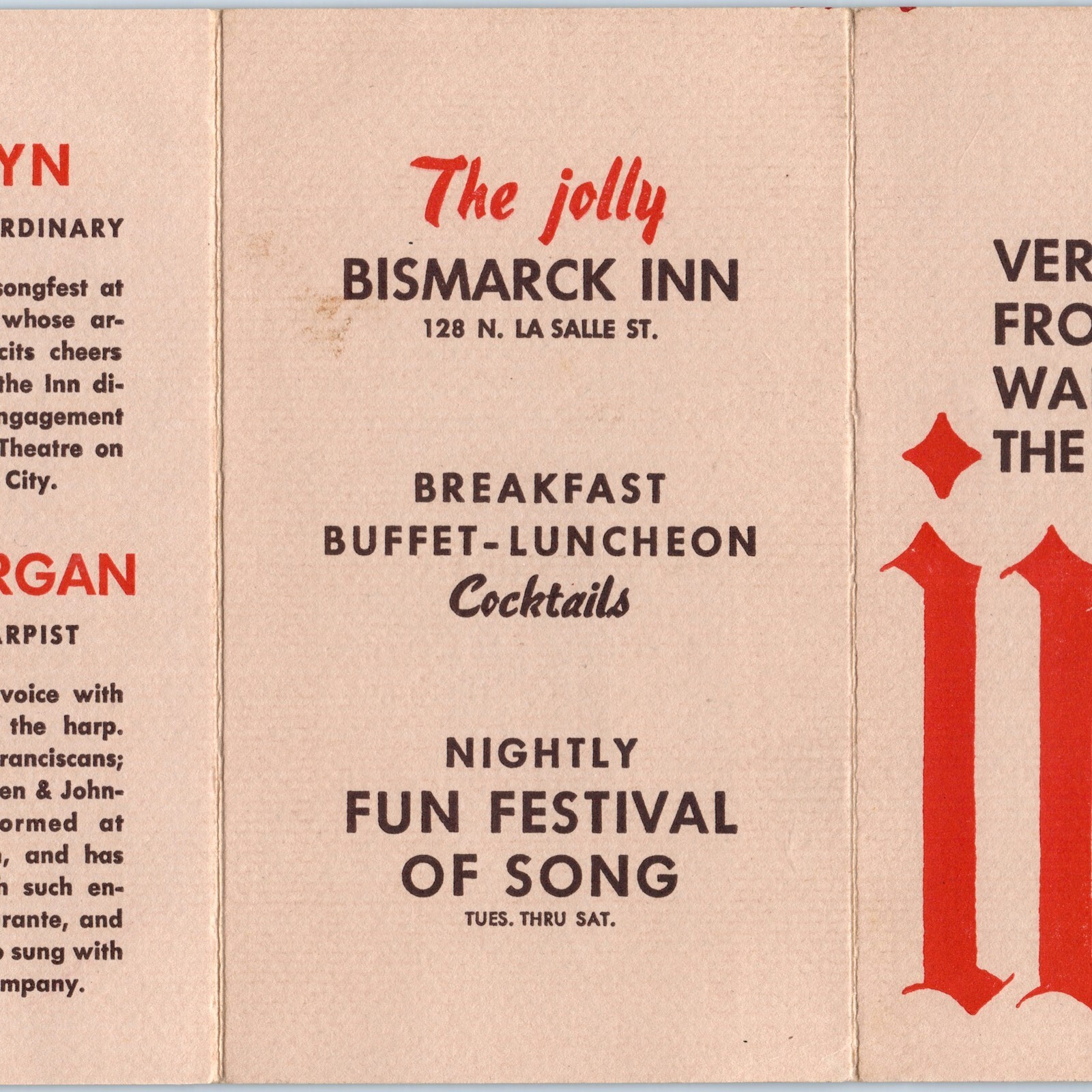 c1940s Chicago IL Bismarck Inn Tri-Fold Ad Card Drinking Songs Ted Meyn Vtg c1940s Chicago IL Bismarck Inn Tri-Fold Ad Card Drinking Songs Ted Meyn Vtg