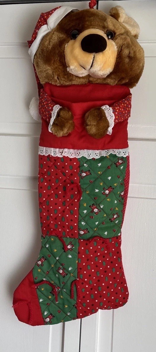 VTG Teddy Bear Christmas Stocking Brown 3D Stuffed Plush Eyelet Patchwork 18”. VTG Teddy Bear Christmas Stocking Brown 3D Stuffed Plush Eyelet Patchwork 18”.