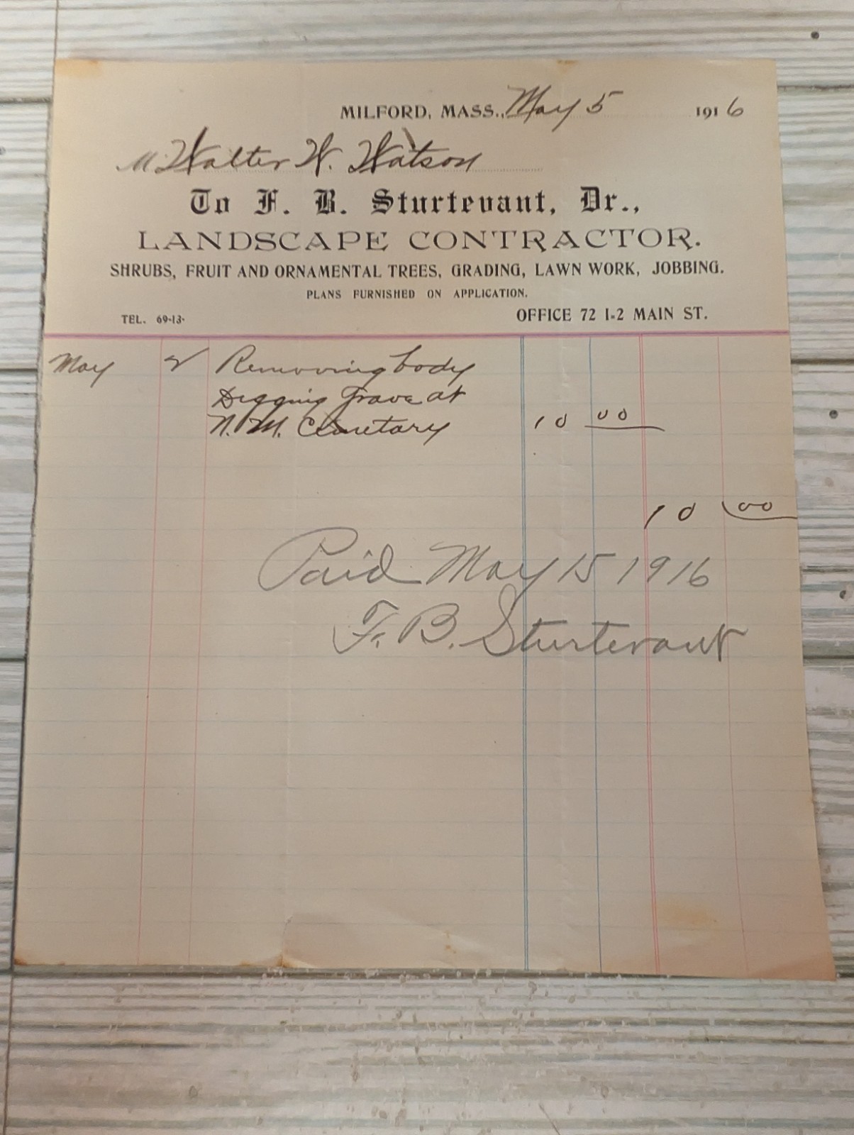 1916 F.B. Sturtevant Landscape Contractor Milford Mass Removing Body Digging