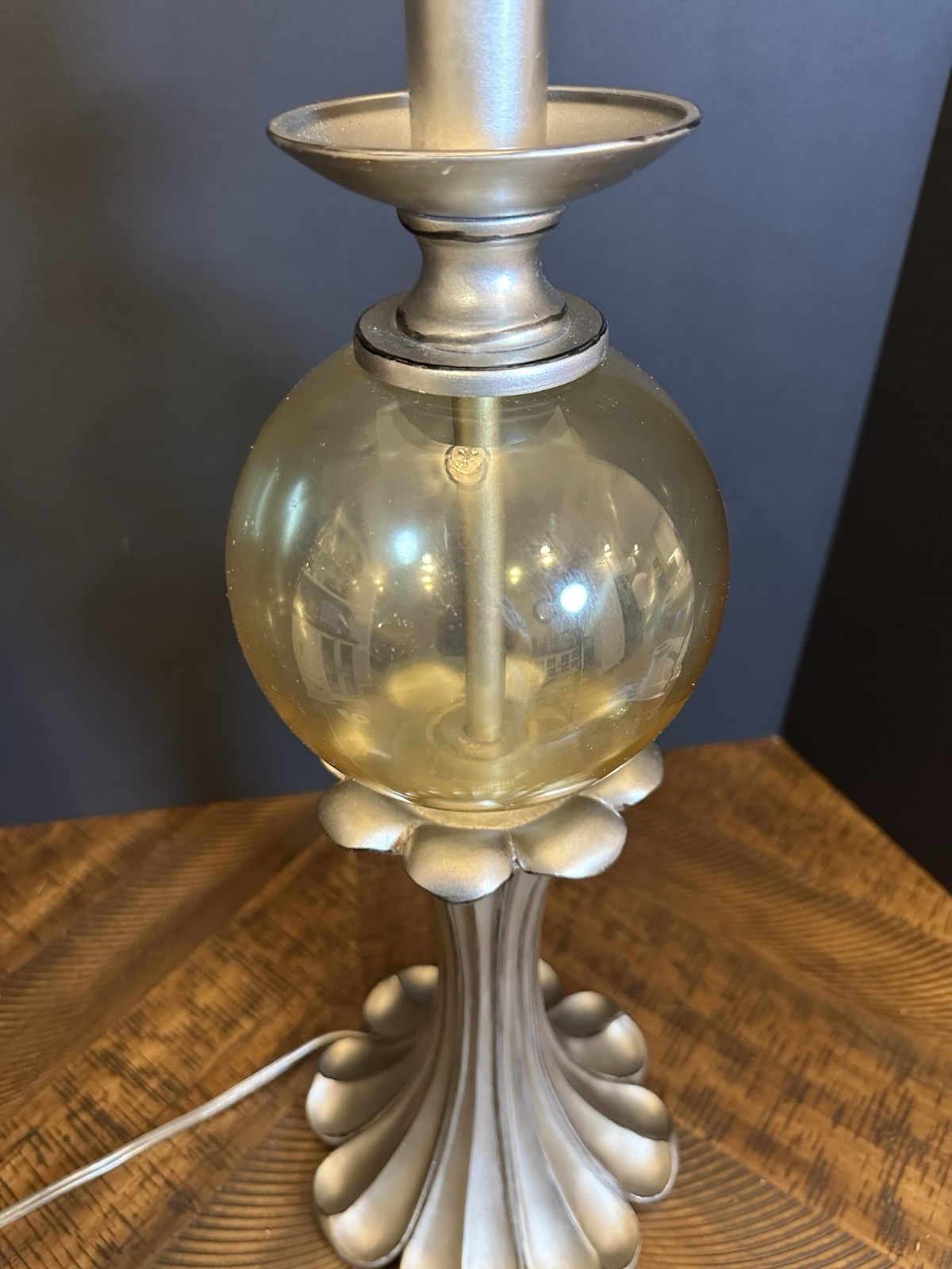 VTG MCM Hollywood Regency Table Lamp Gold Glass Orb & Fluted Base 32” Tall VTG MCM Hollywood Regency Table Lamp Gold Glass Orb & Fluted Base 32” Tall