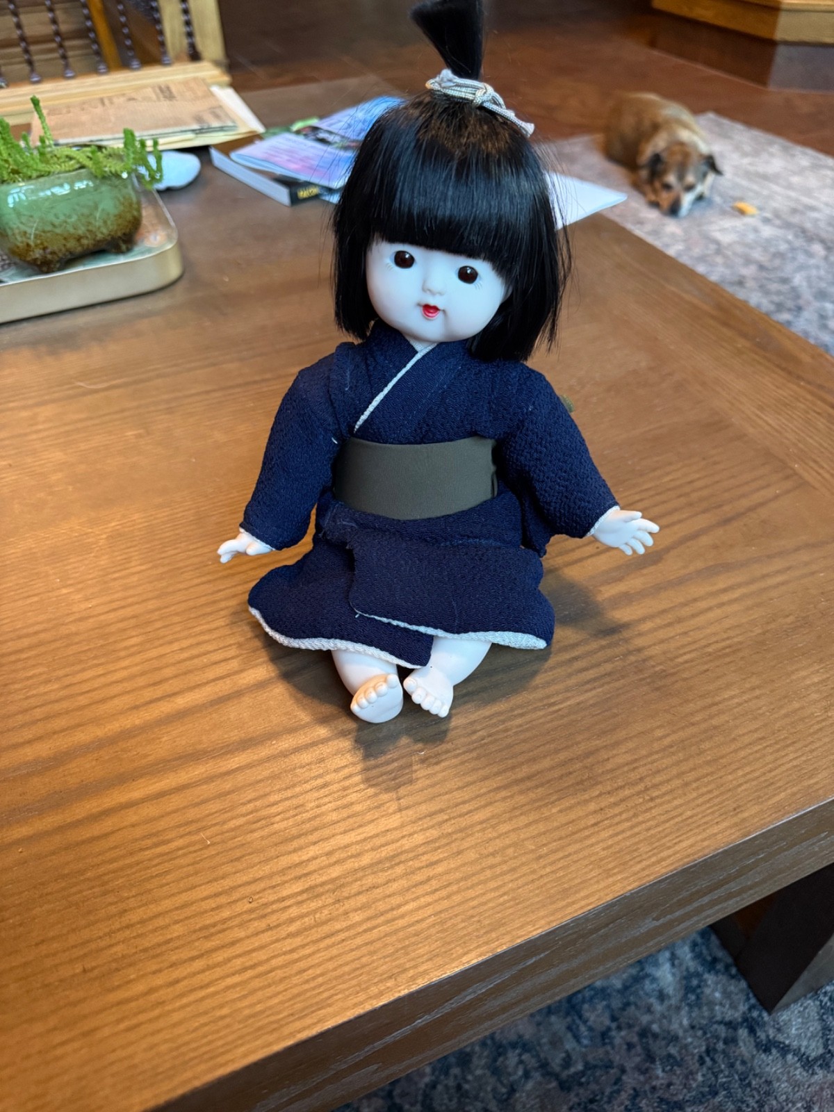 Vintage Japanese Ichimatsu Style Child Doll Navy Kimono Black Hair Seated 8”