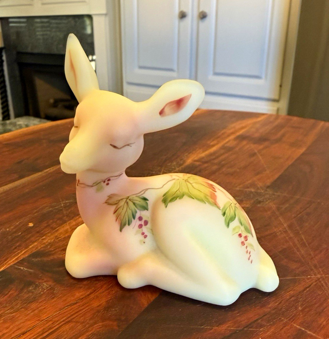 Fenton Hand Painted Glass Deer Signed D. Wright White w/ Green Leaves uranium 