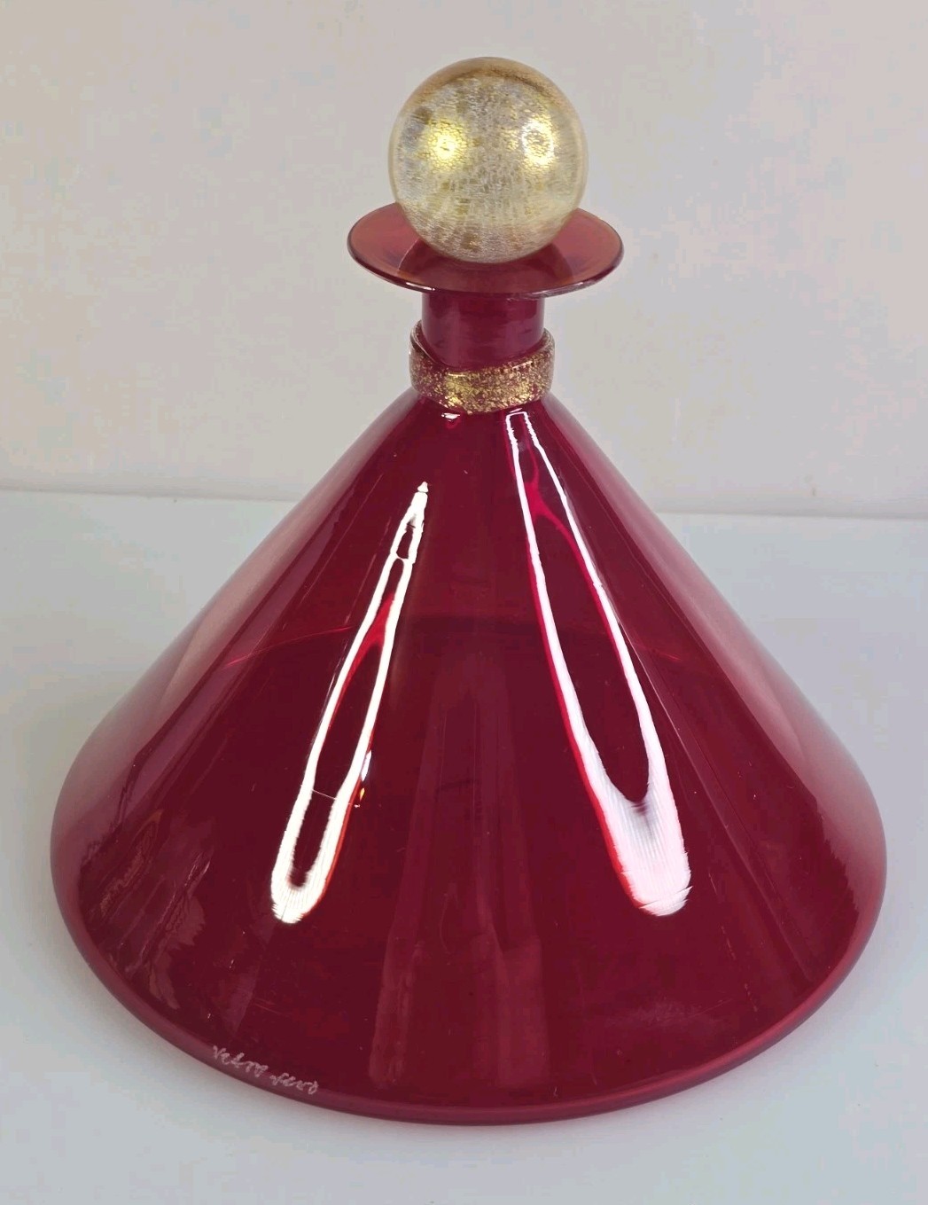 SUPERB Vetro Vero Handblown Glass Wine Decanter / Cone Jewel Bottle GOLD & RED 
