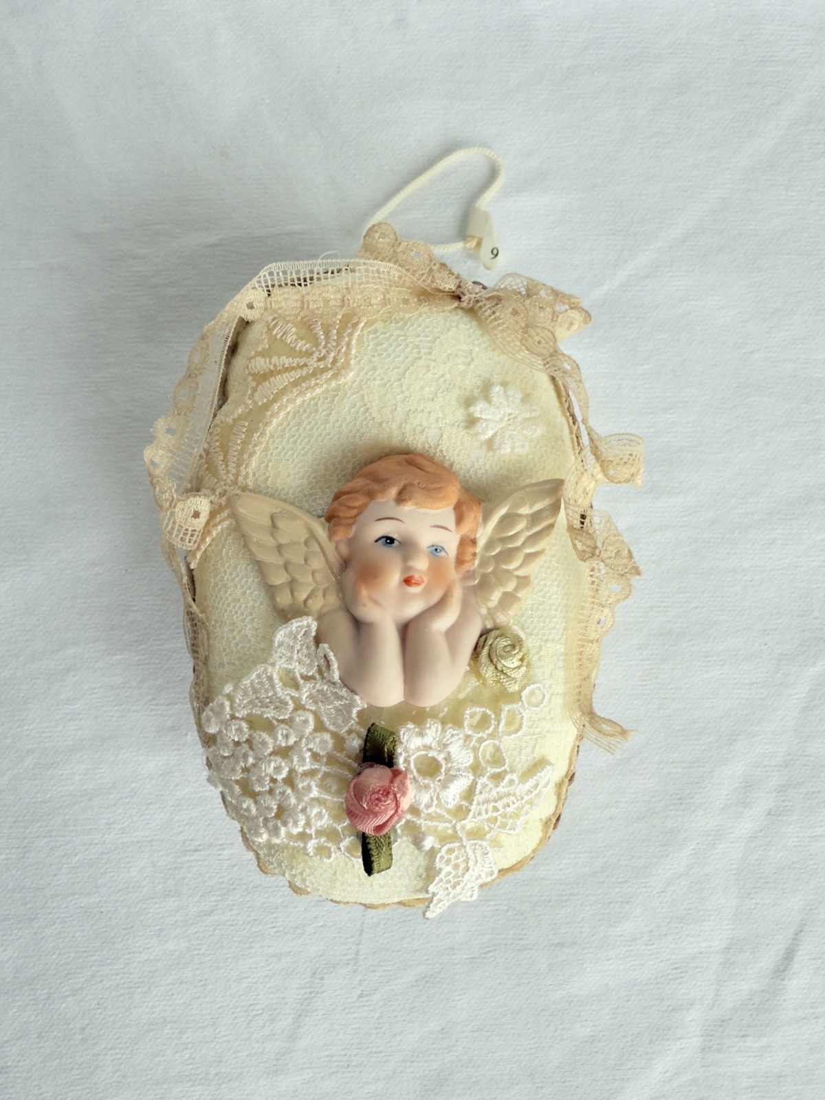 VTG Porcelain Bisque Cherub Angel Soft Christmas Ornament Rose Ribbon Victorian