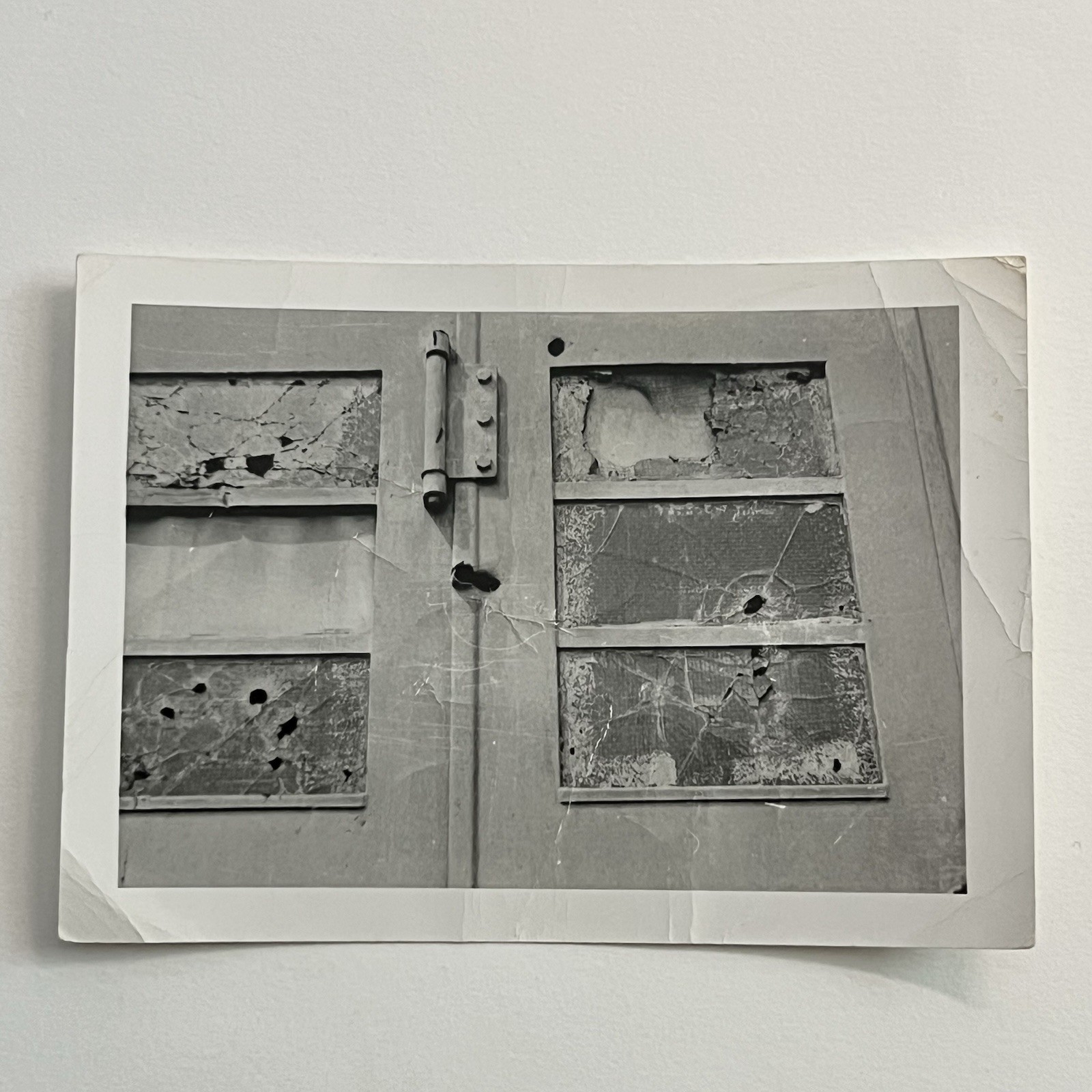 Vintage B&W Snapshot Photograph Dramatic Image Of Gun Shot Holes War Odd