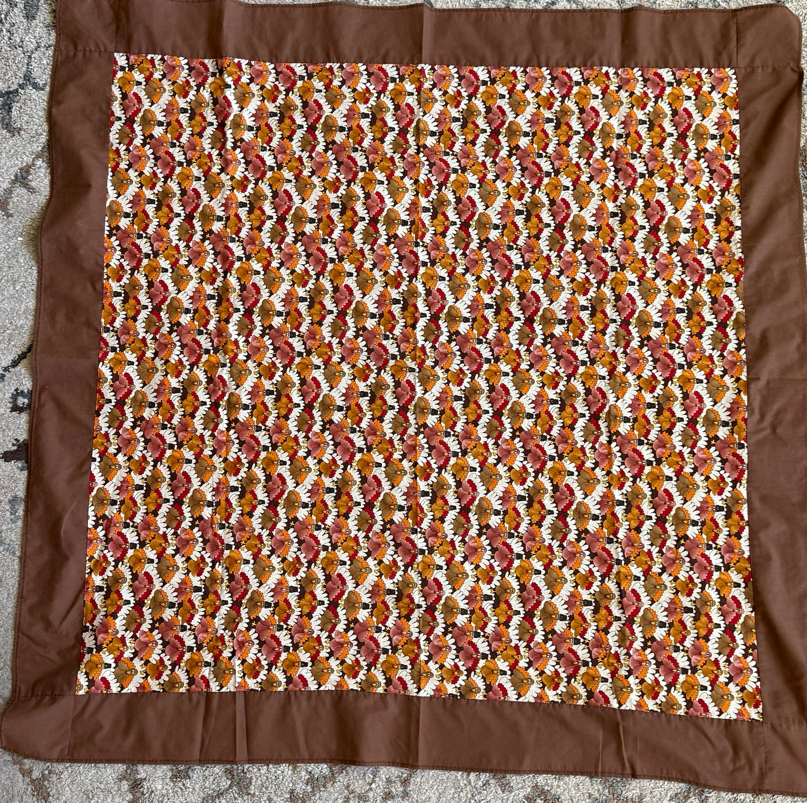 Vintage 1970s Thanksgiving Turkey Square Tablecloth - Handmade 