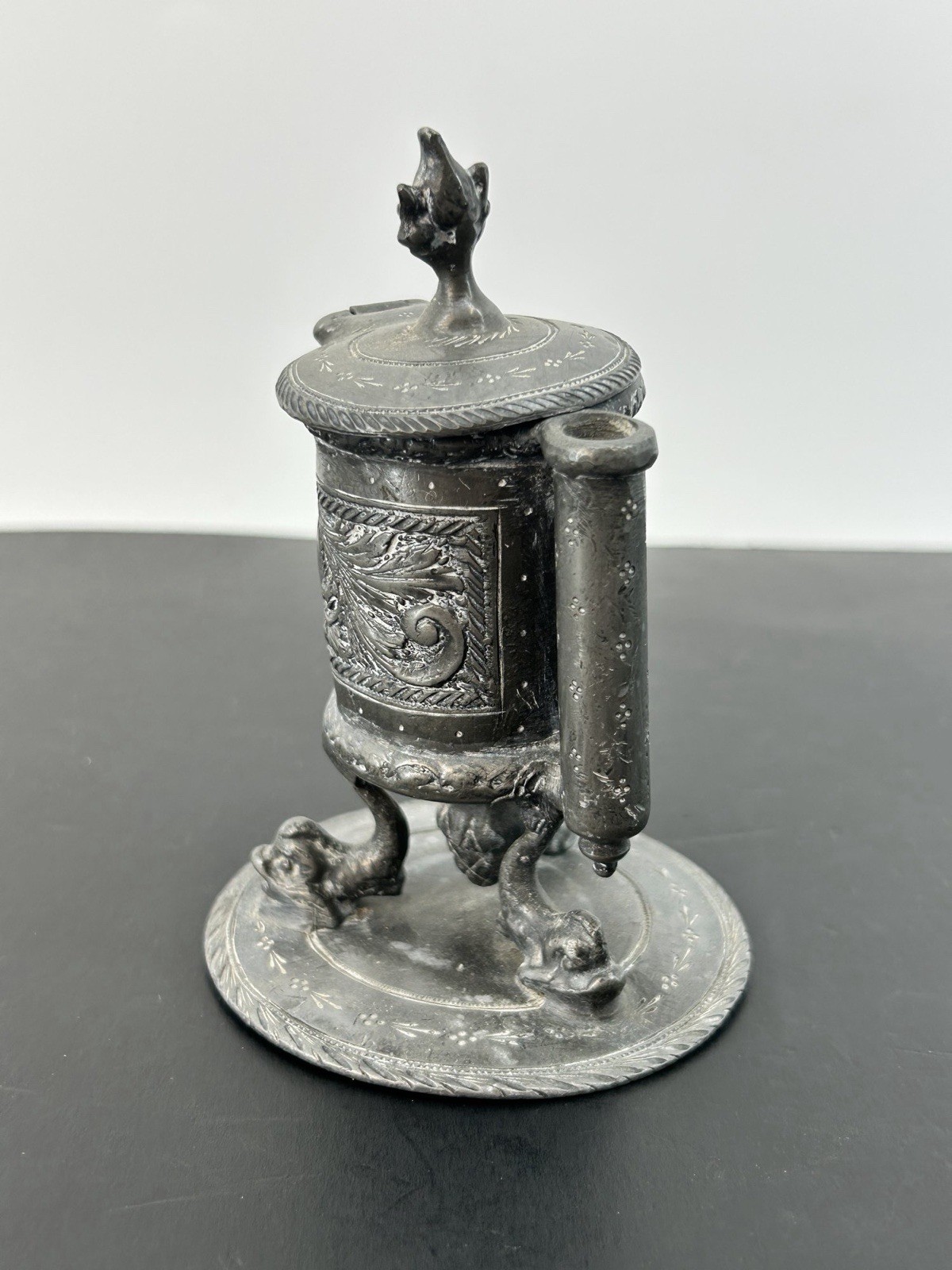 Antique Ornate Pewter Inkwell Pen Holder Pen Stand Desk Accessory Victorian Era