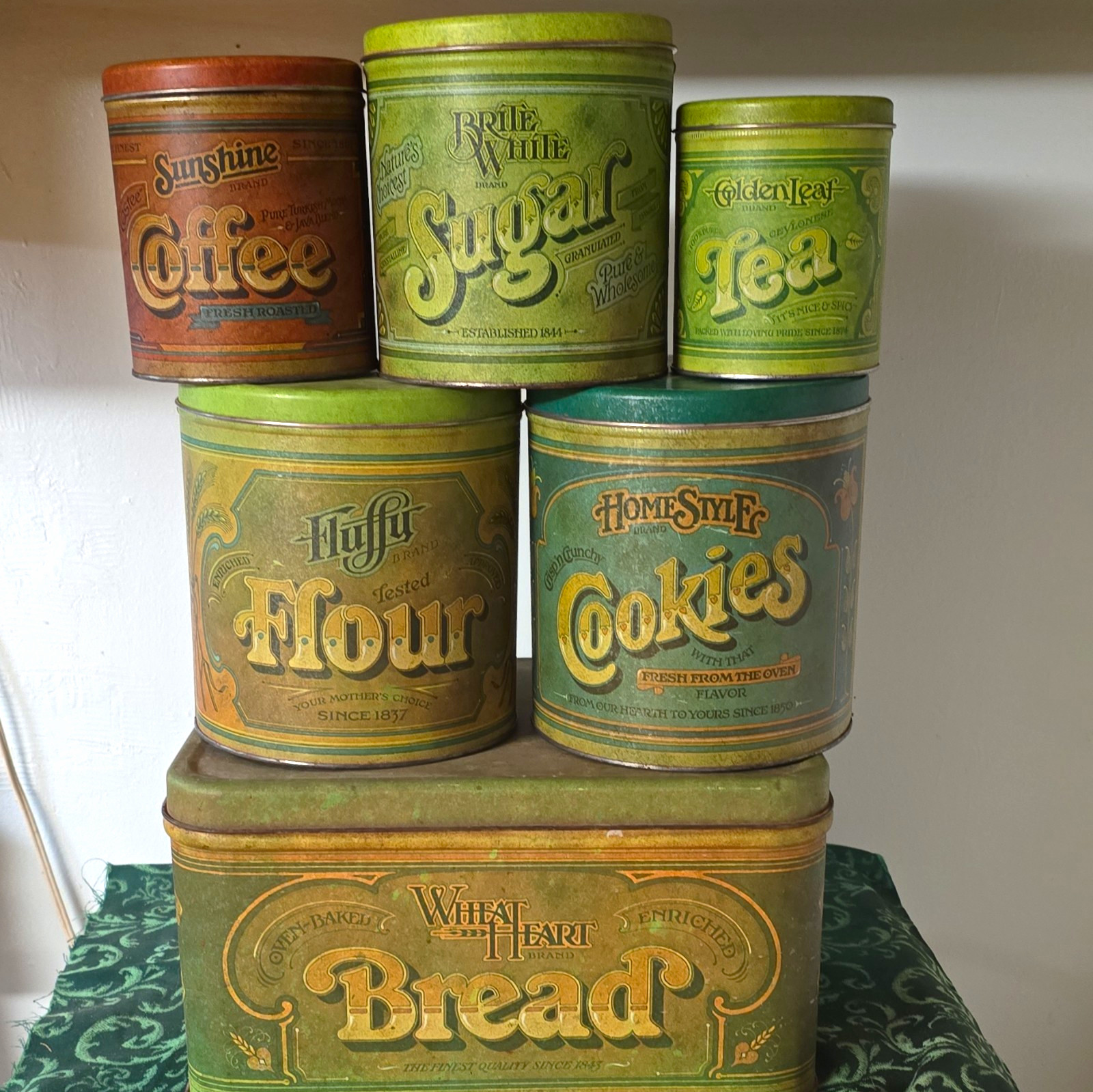 Vintage 1970s Ballonoff Green Metal Kitchen Canister Set & Bread Box - Complete