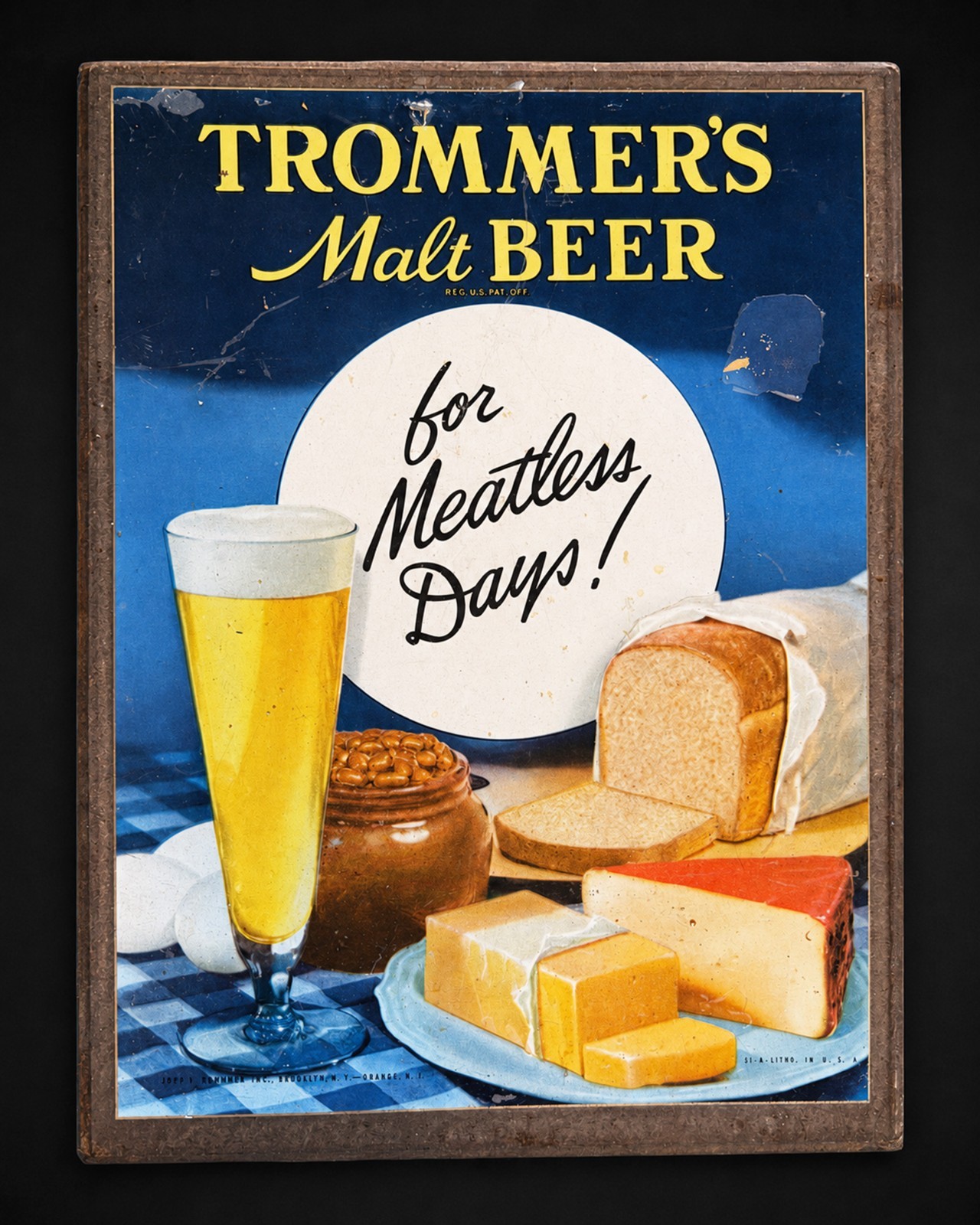Trommer's Malt Beer Meatless Days WWII Tin Litho Sign Brooklyn NY Breweriana