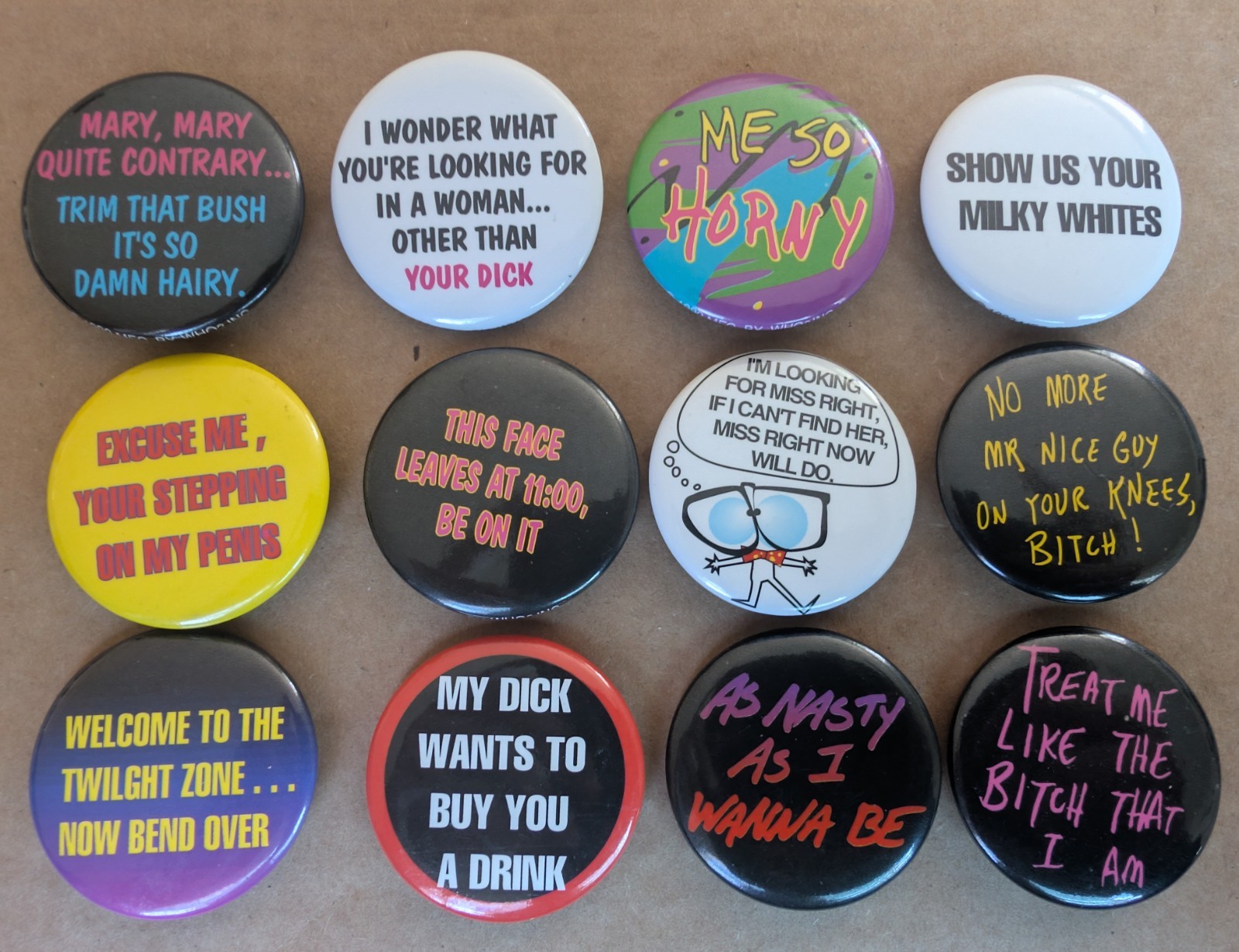 Lot of 12 Vintage 1990 Pinback Buttons 1.75 raunchy novelty retro 90 funny A Lot of 12 Vintage 1990 Pinback Buttons 1.75 raunchy novelty retro 90 funny A