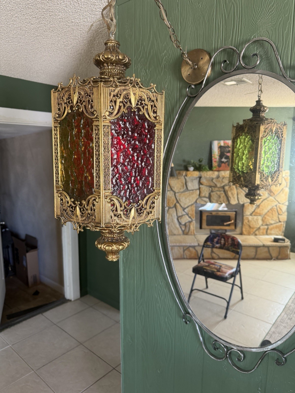 Vintage 1970s Spanish Revival Hanging Swag Lamp Gothic Amber Red Glass Ornate