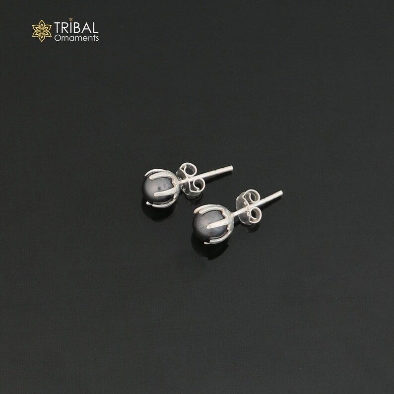 Round 925 sterling silver black pearl stone stud earrings unisex jewelry er304