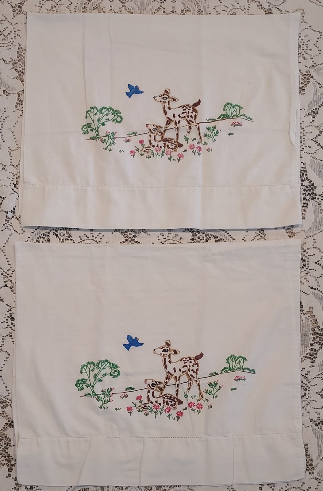 2 Vtg Pillow Cases Hand Painted Deer Flowers White Farmhouse Cottage Core 30x19