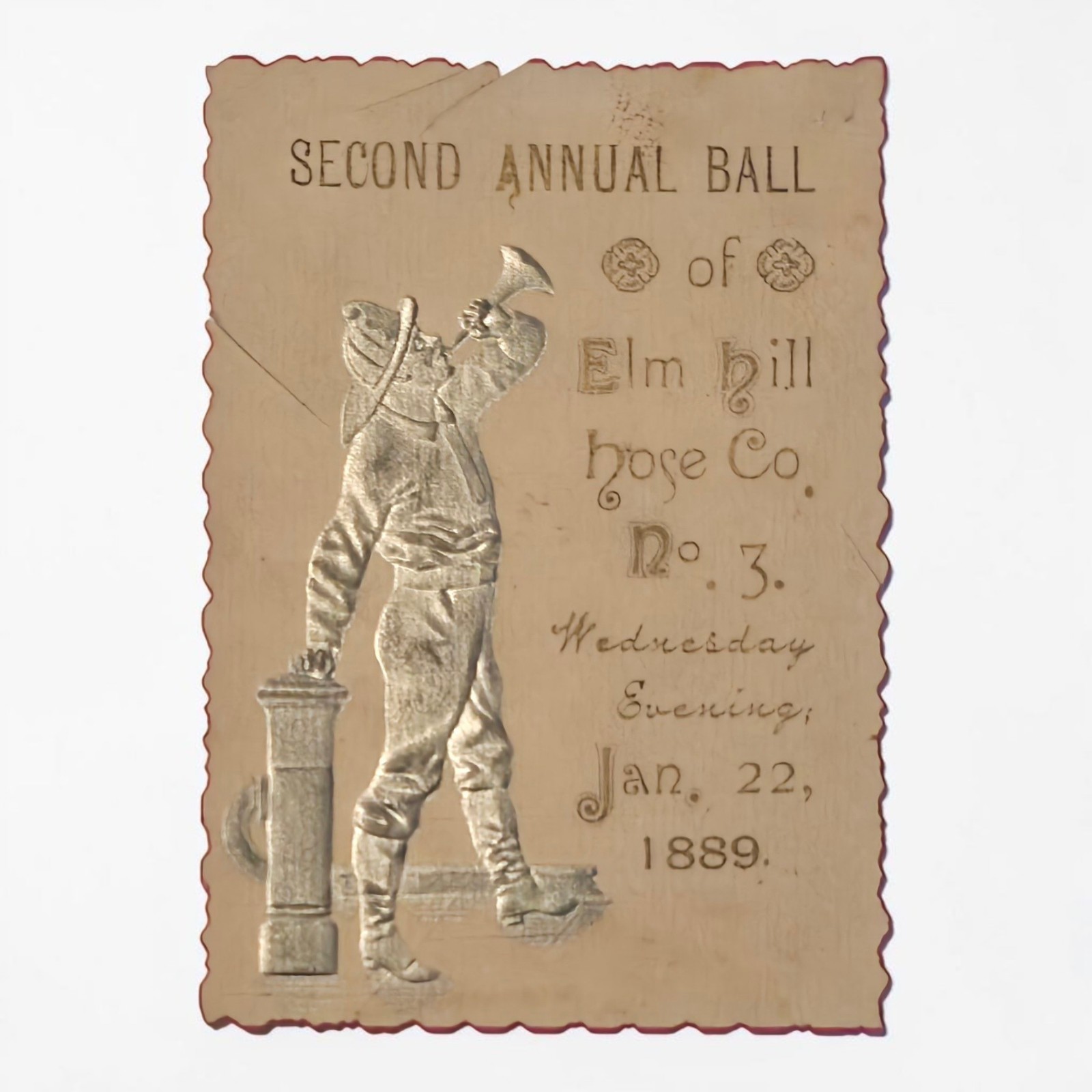 Antique 1889 Elm Hill Hose Co No. 3 Fireman\'s Ball Invitation Ticket Plymouth PA