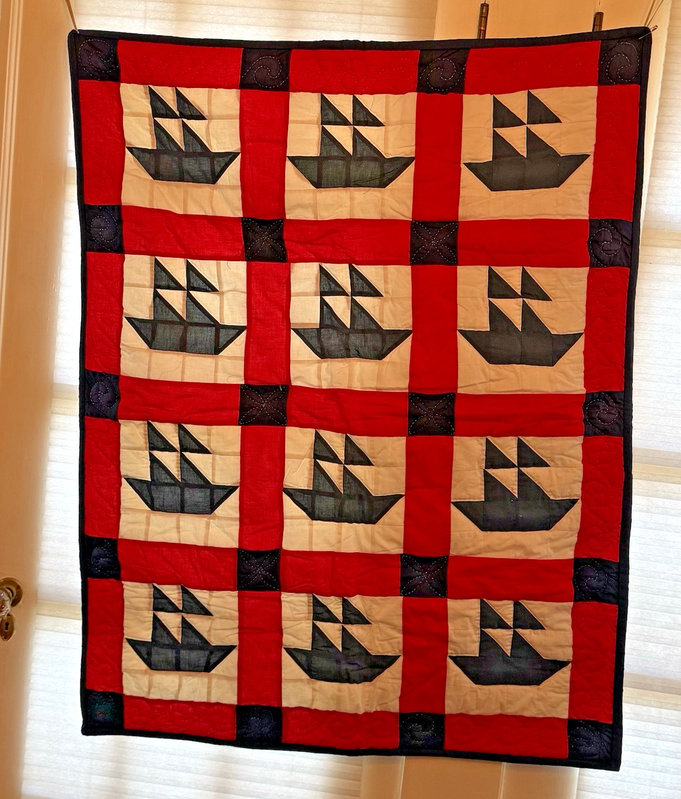 Vintage Pattern Sailboats Quilt Wall Hanging 44”X35” Red, White & Blue, Children