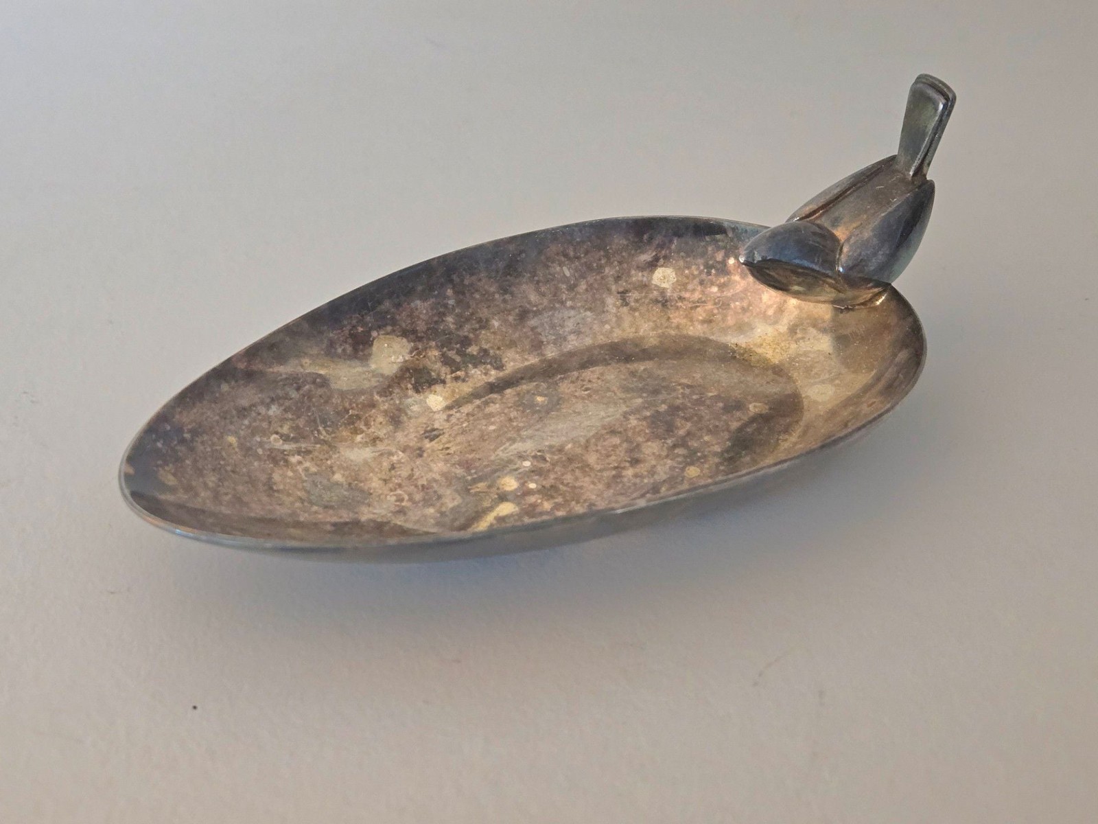 Christofle Silver Plated Leaf-Shaped Catchall Dish with Bird Figural Handle