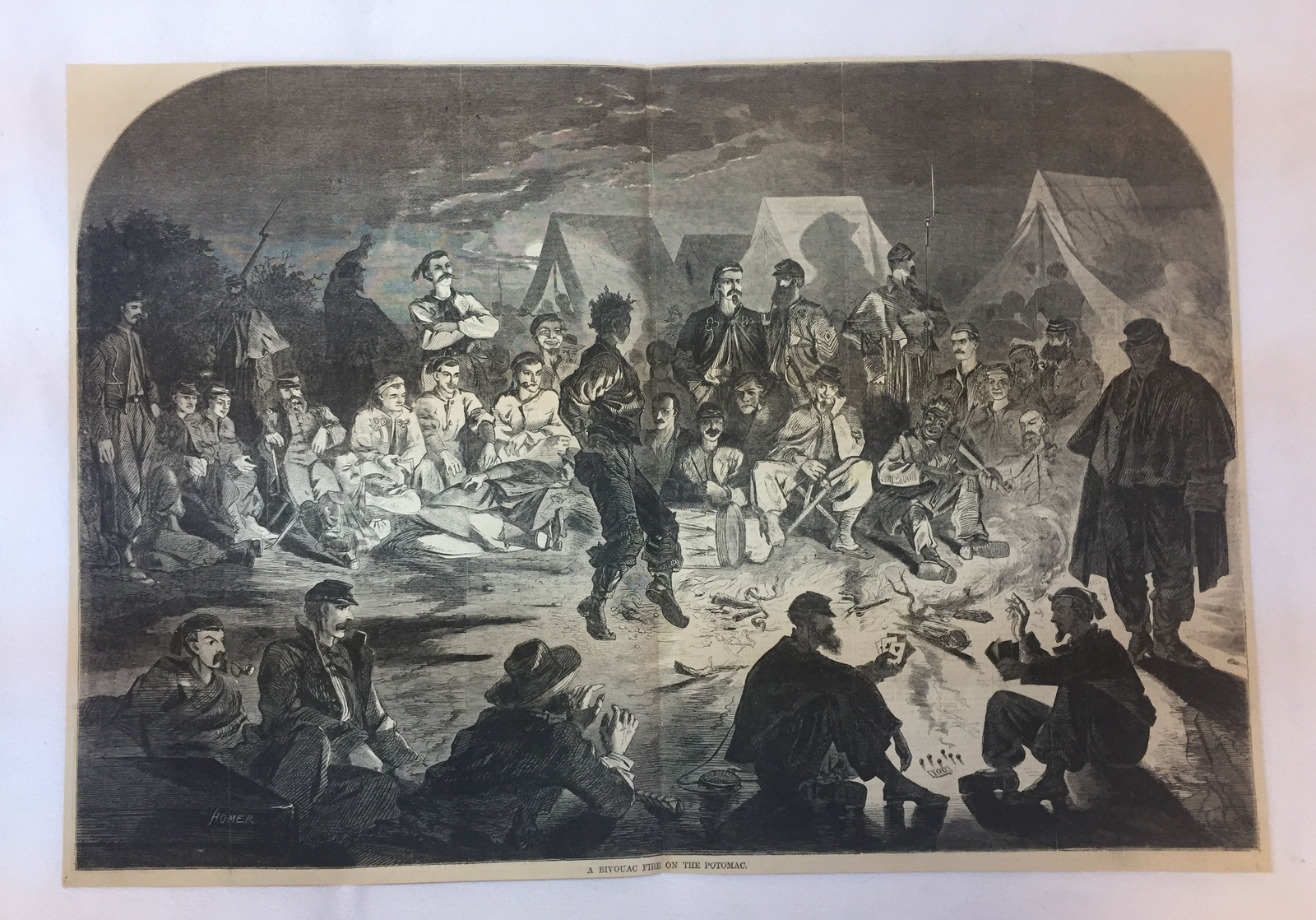 1861 magazine engraving~14x21~BIVOUAC FIRE ON POTOMAC~ Winslow Homer, Civil War