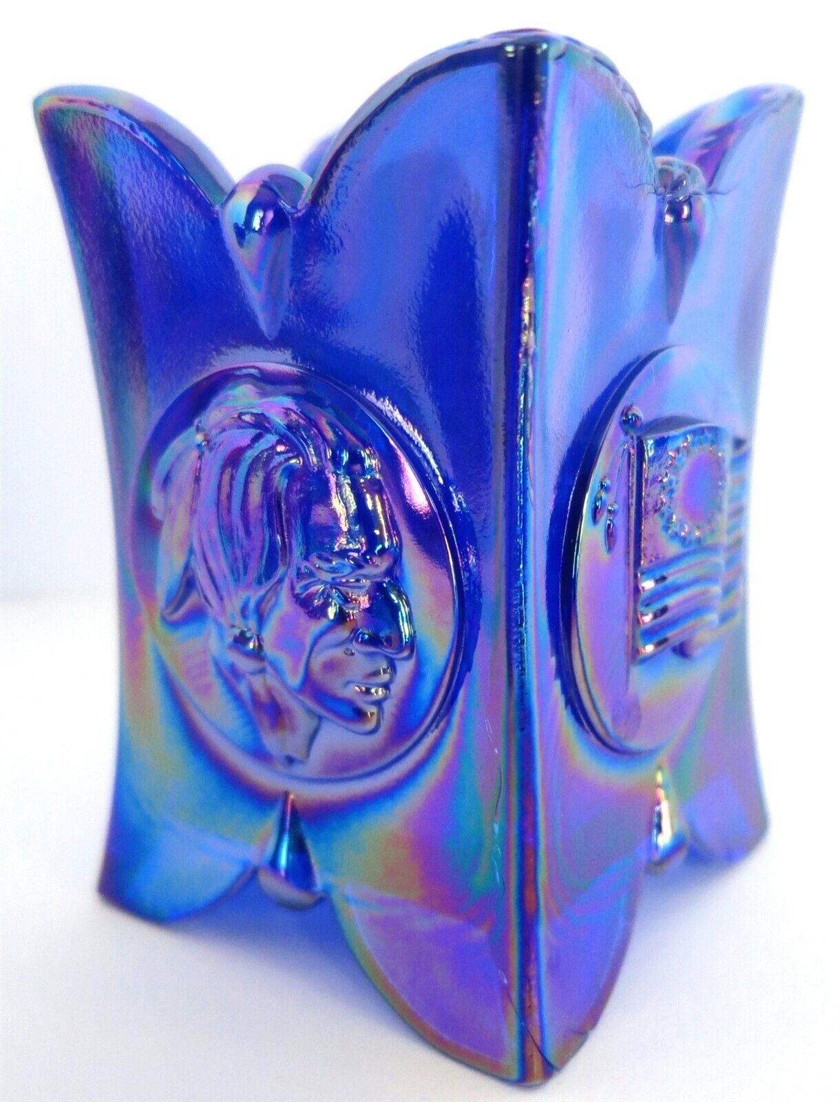 JOE ST. CLAIR ART GLASS SQUARE BICENTENNIAL TOOTHPICK HOLDER BLUE CARNIVAL 