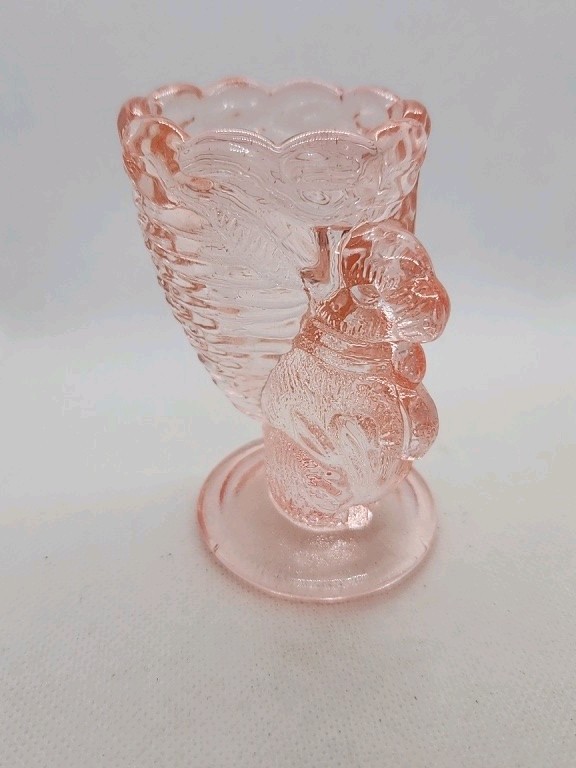 Vintage Fenton Pink Glass Bunny Rabbit Basket Egg Holder Cup Toothpick Holder