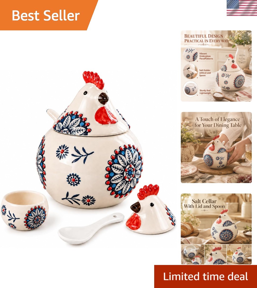 Ceramic Chicken Salt Cellar with Lid and Spoon, Farmhouse Kitchen Decor Ceramic Chicken Salt Cellar with Lid and Spoon, Farmhouse Kitchen Decor