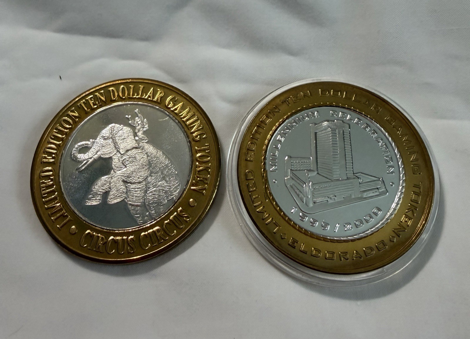 2 CIRCUS CIRCUS Eldorado CASINO RENO NEVADA $10 ELEPHANT 999 SILVER STRIKE Token
