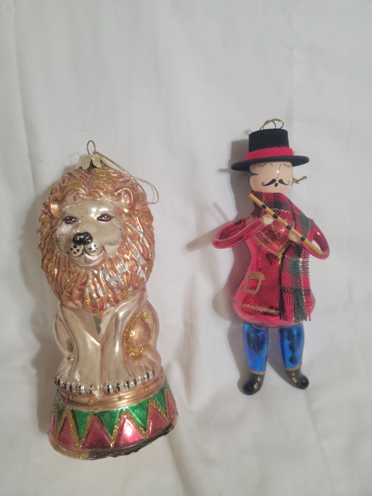 2 Vntg Santas Best Christmas Ornaments Mouth Blown Lion/ Man Playing Flute
