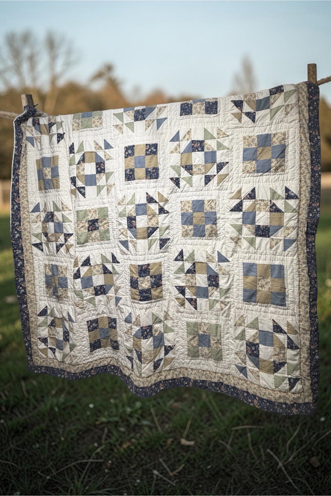 Vintage Hand Quilted Patchwork Geometric Sampler Quilt Blue Green Floral 90x90in Vintage Hand Quilted Patchwork Geometric Sampler Quilt Blue Green Floral 90x90in