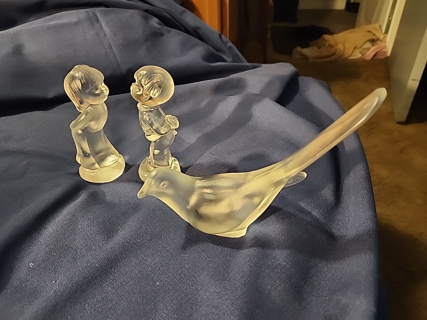 Fenton Glass Satin Crystal Glass Kissing Boy & Girl + Happiness Bird
