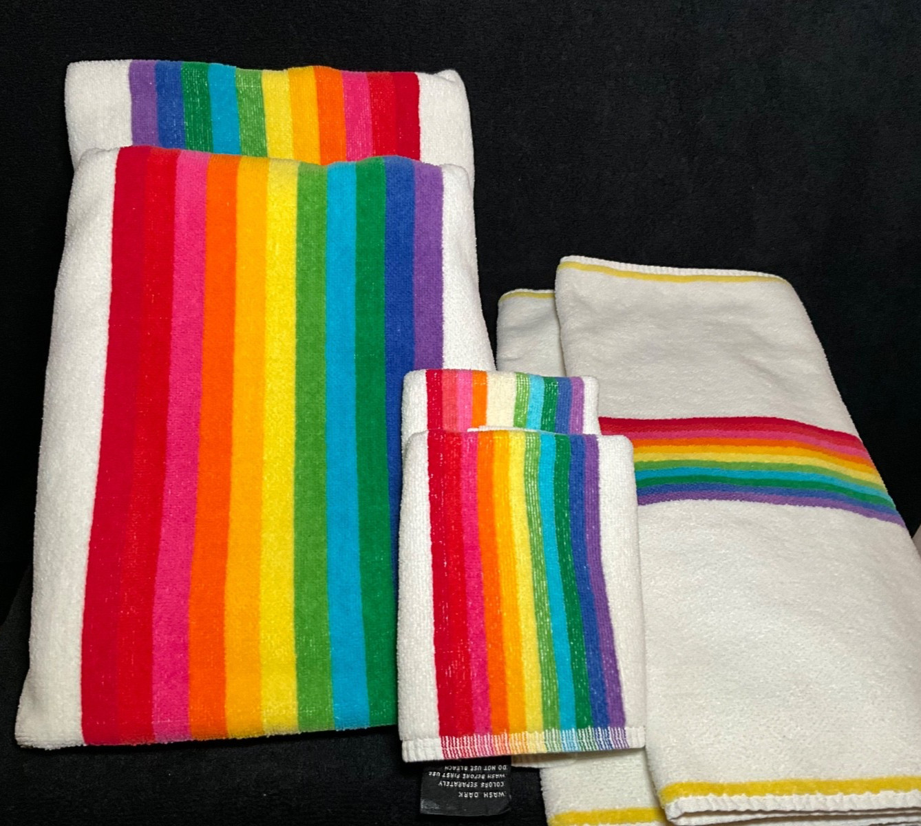 Vintage Terriville 6 Piece Towel Set Rainbow Stripe on White-Rare-Made in Brazil