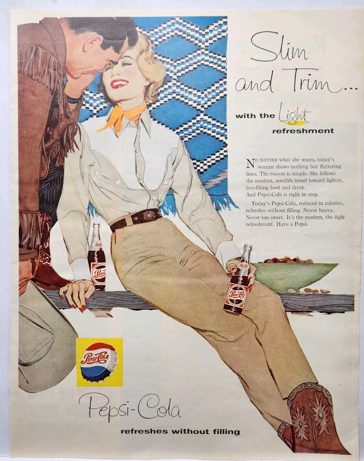 1958 Pepsi Cola Slim & Trim Woman MCM Original Print Ad Life Magazine 50\'s
