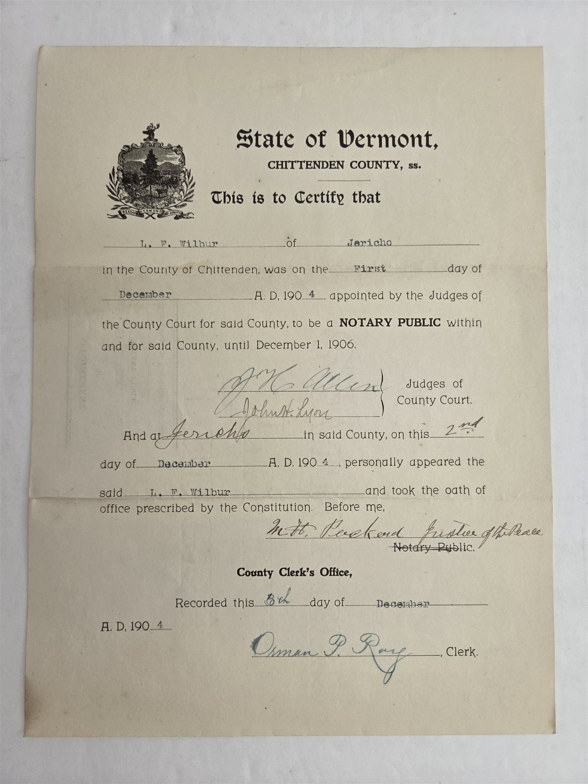 1904 antique L. F. WILBUR jericho vt NOTARY PUBLIC APPOINTMENT CERT history