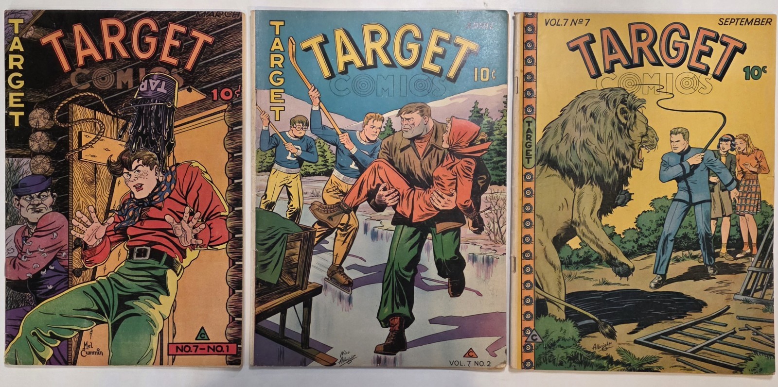 Target Comics Lot of 3, Vol. 7 #1, #2 & #7 Golden Age Novelty Press 1946 Target Comics Lot of 3, Vol. 7 #1, #2 & #7 Golden Age Novelty Press 1946