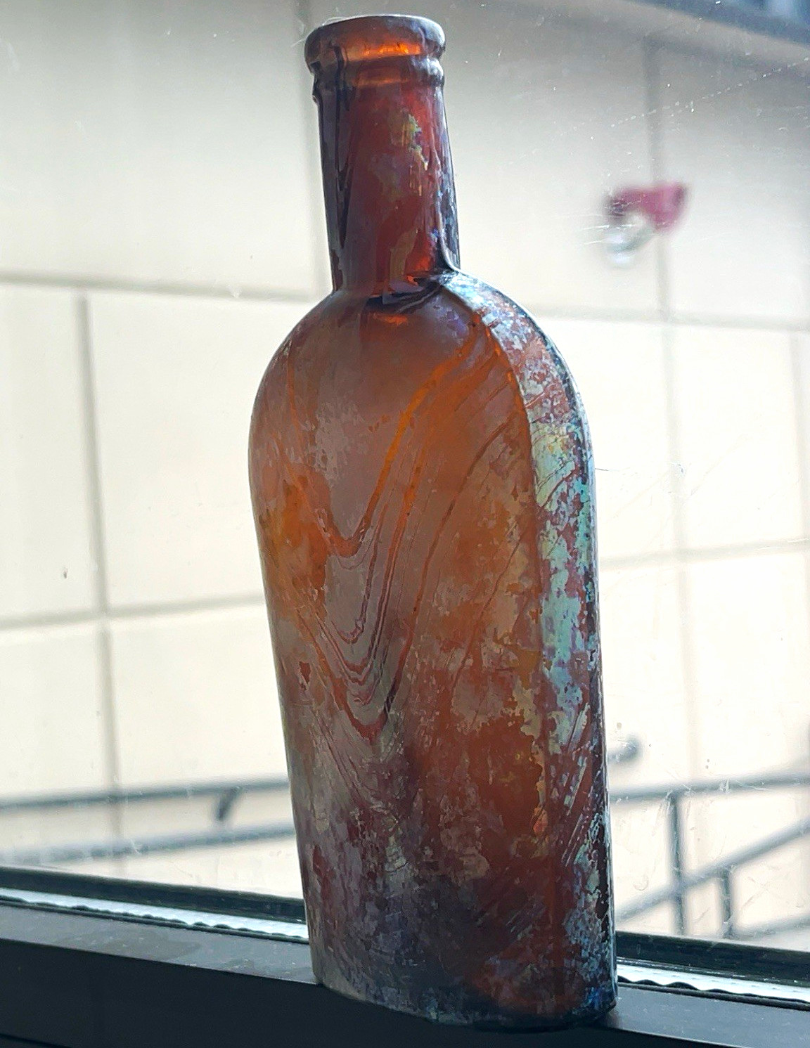 Antique c1870s-1880s Amber Union Oval Whiskey Flask Applied Lip Crude Dug Antique c1870s-1880s Amber Union Oval Whiskey Flask Applied Lip Crude Dug