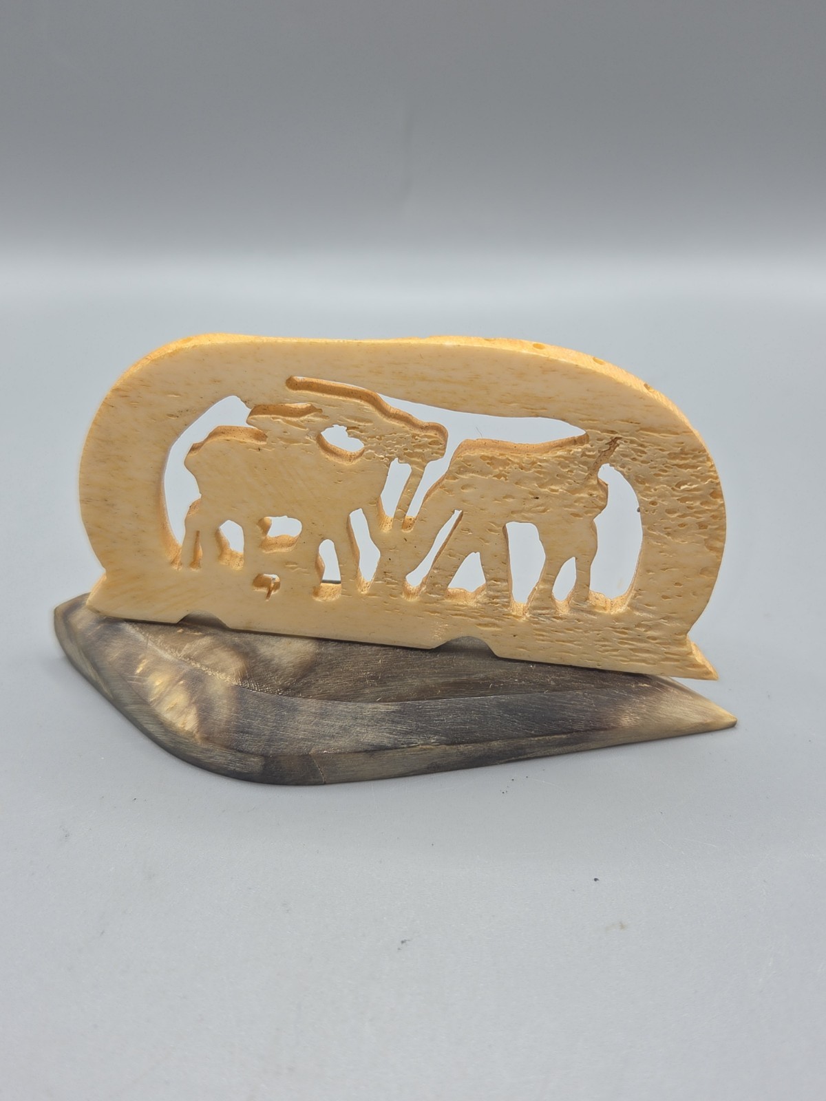 OLD Handcrafted Elephants Bovine Bone Figure w/Animals on A Carved Horn Base