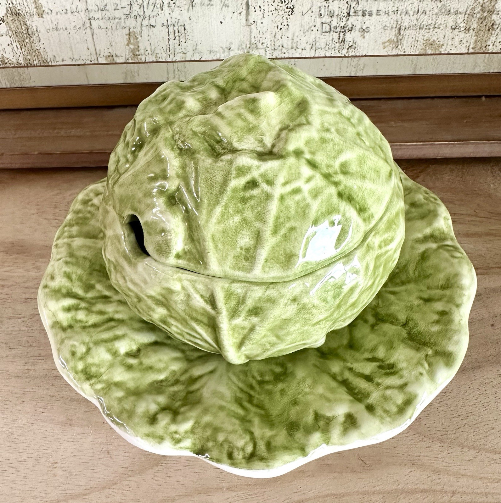 Vintage Magolica Cabbageware Soup or Sauce Tureen w/ Lid & Plate, Italy Vintage Magolica Cabbageware Soup or Sauce Tureen w/ Lid & Plate, Italy