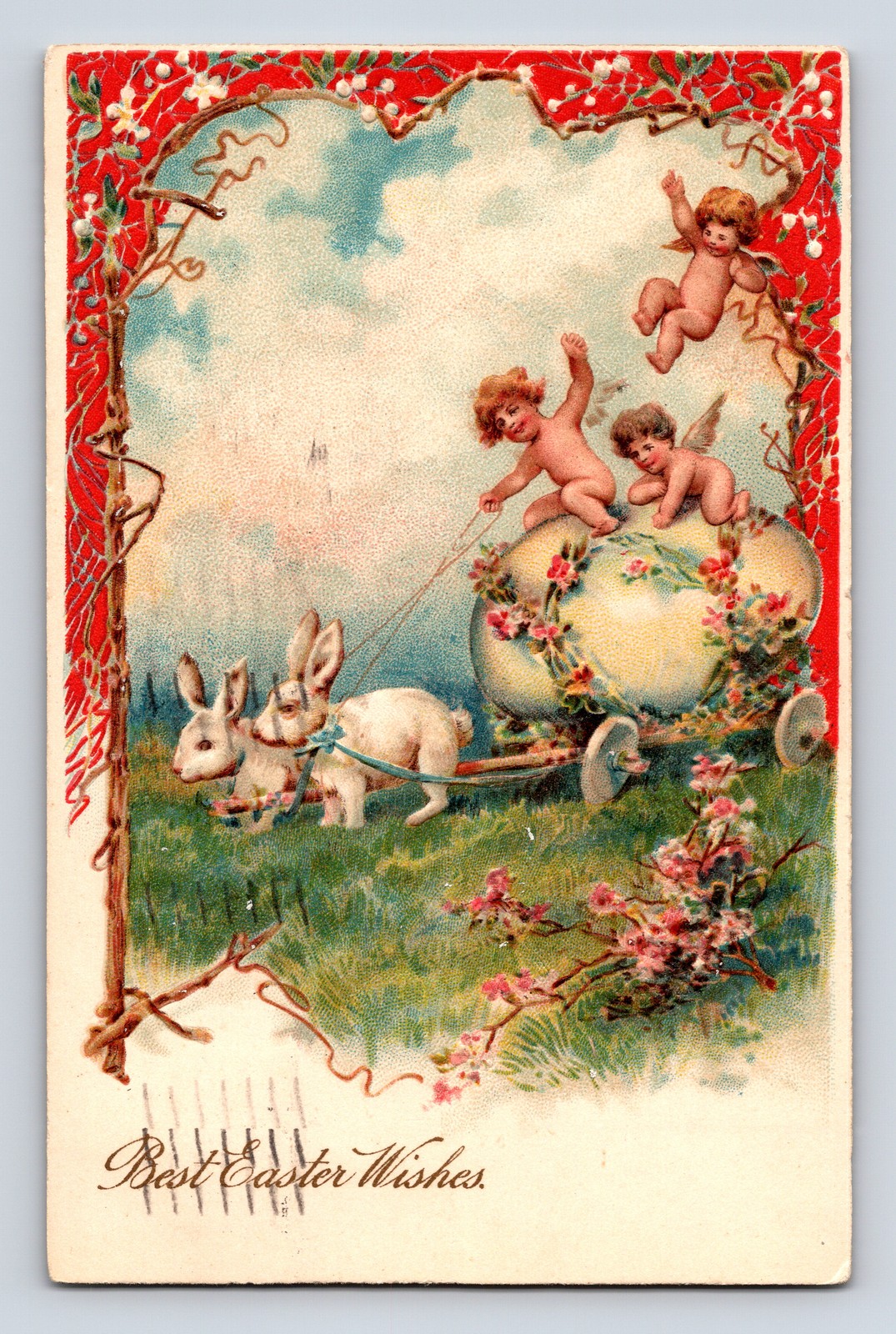 1911 Best Easter Wishes White Rabbits Pull Egg Carriage Cherubs Cupids Postcard
