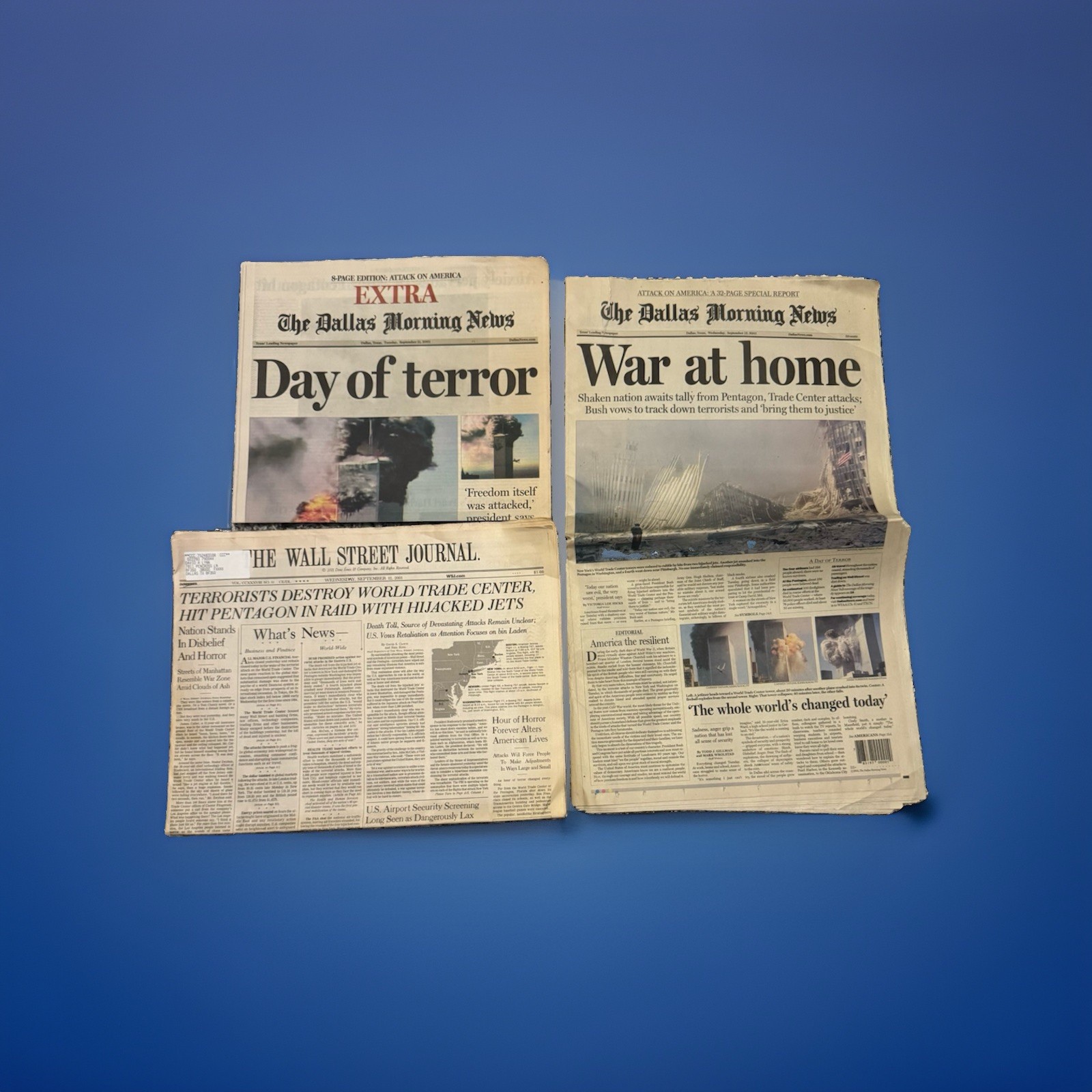 9/11-9/12, 2001 WTC. Lot Of Dallas Morning And Wall Street Journal News Paper. 9/11-9/12, 2001 WTC. Lot Of Dallas Morning And Wall Street Journal News Paper.