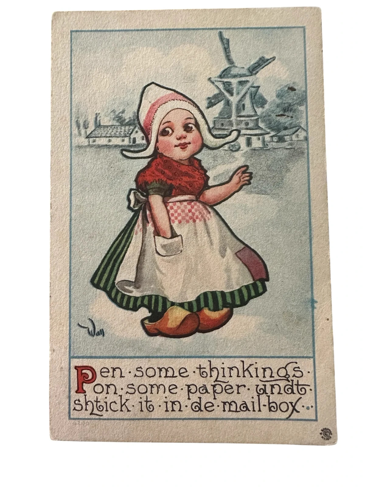 Wall Artist Signed Postcard Dutch Girl Pen Some Thinkings Windmill 1913 Posted