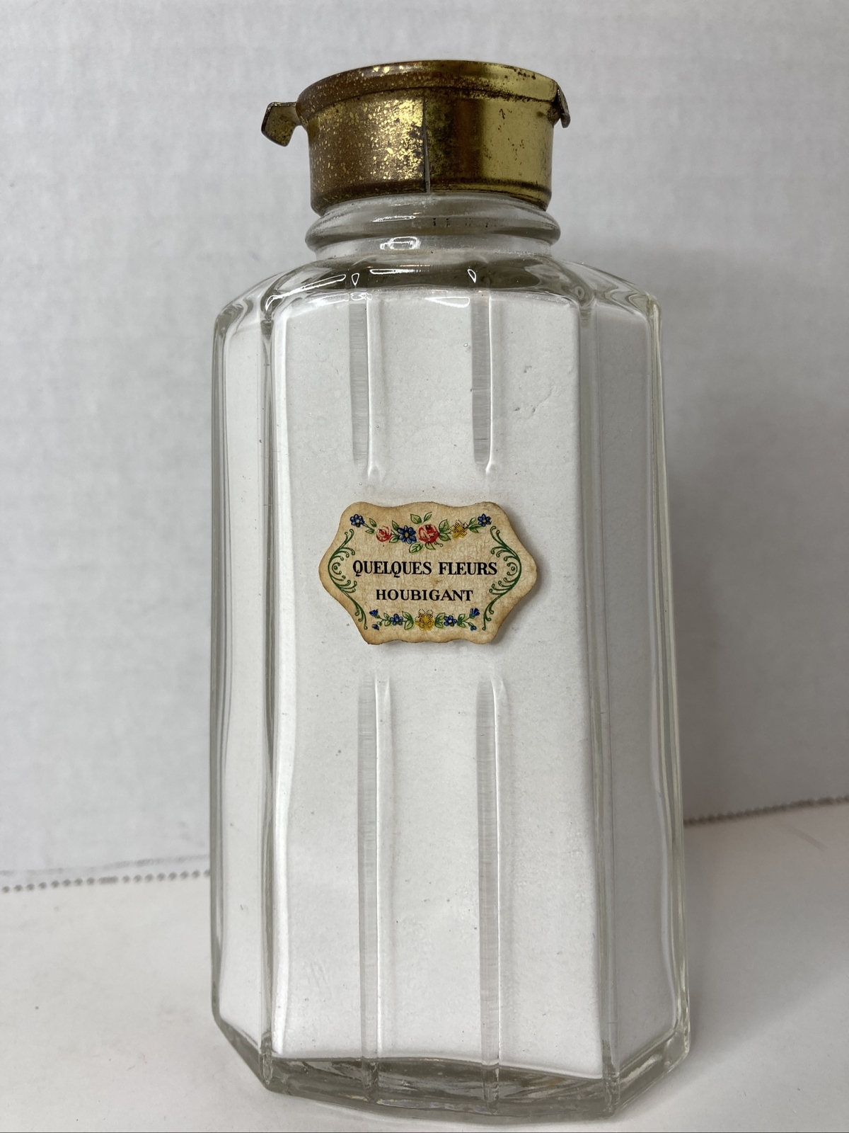 Antique QUELQUES FLEURS Houbigant France Powdered Perfume Talc Glass Bottle VTG