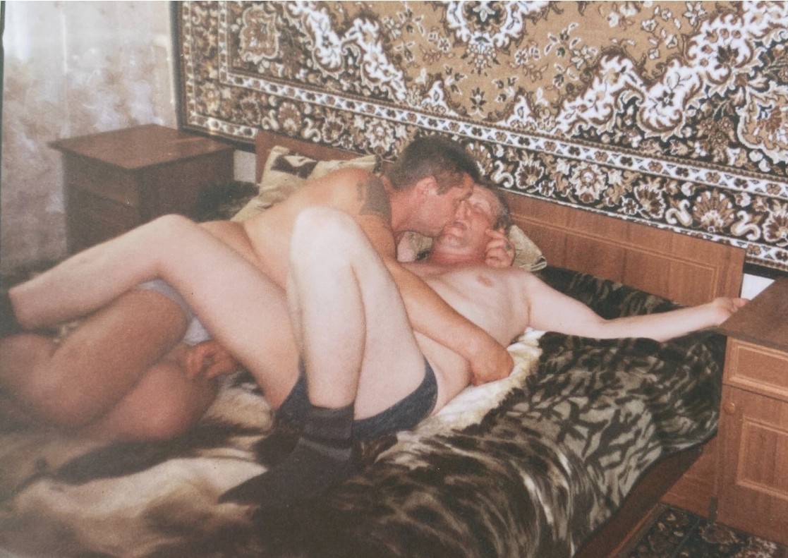 Shirtless Affectionate Couple Men Hugging Kissing in Bed Gay Interest Photo