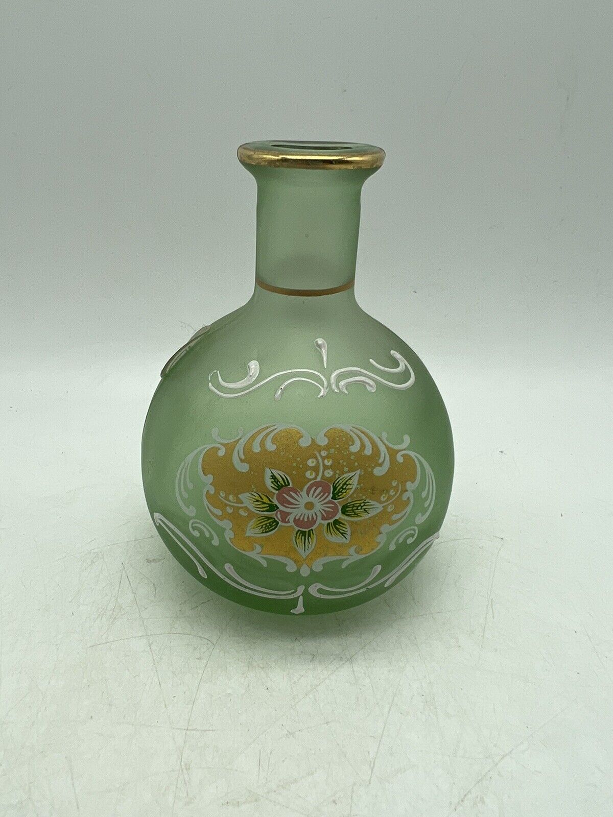 Vtg SC Line Green Floral Hand Painted 4” Bud Vase with Gold Accents Italy