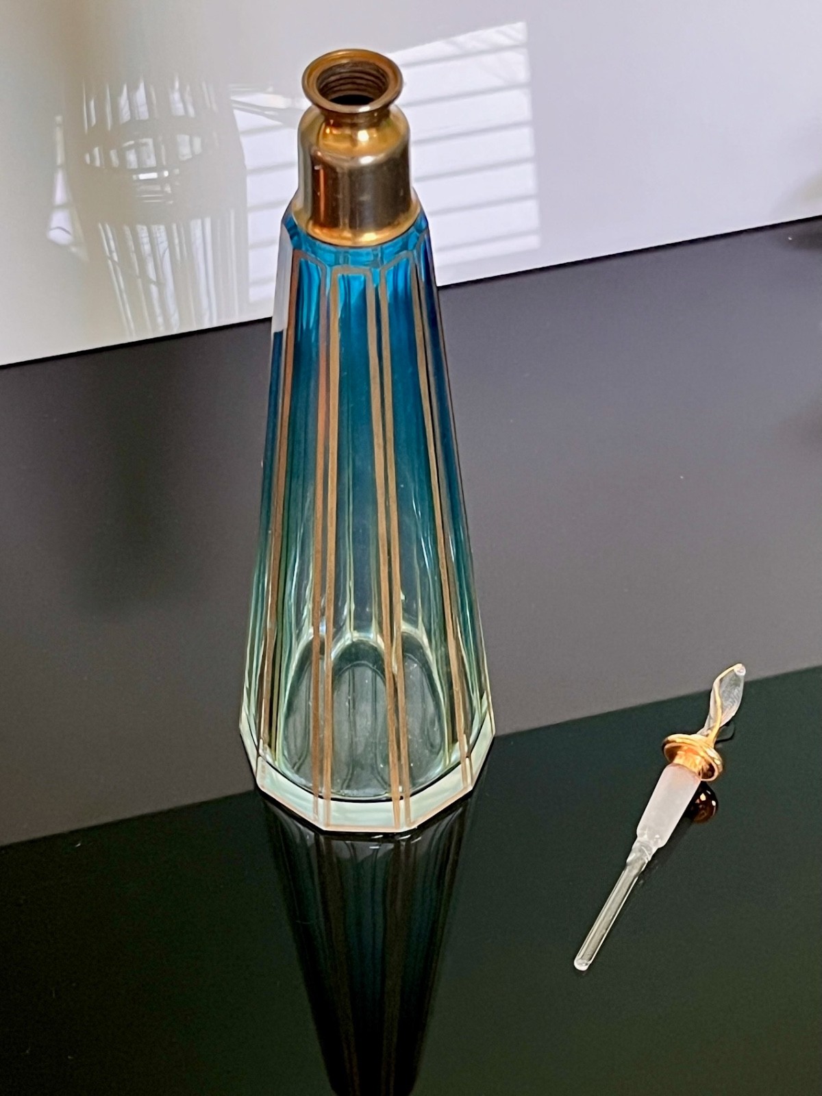 Antique-Baccarat-Perfume Bottle-Blue & Gold Enamel-Tall Conical