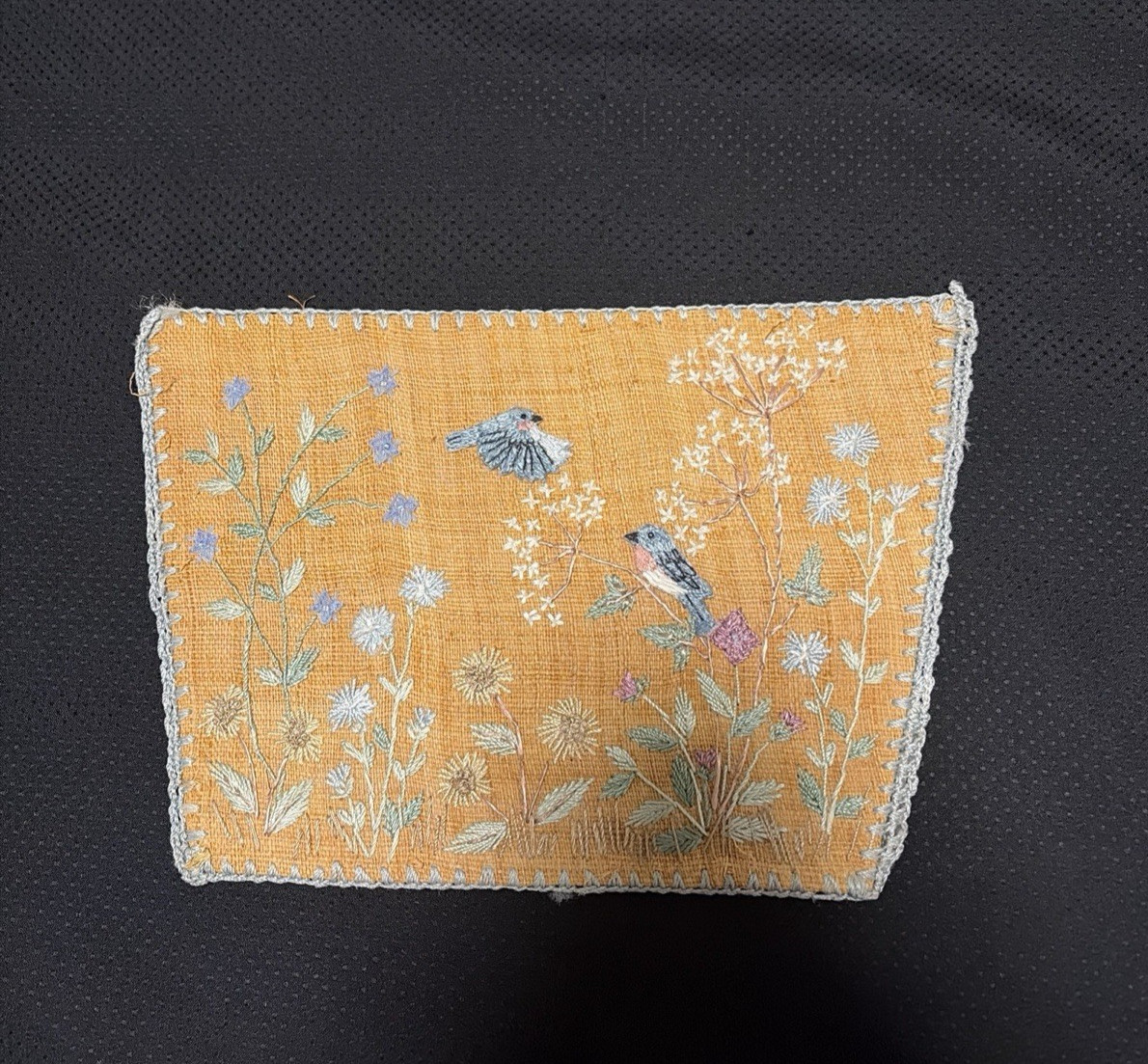 Antique Asian Embroidered Burlap Blue Bird Floral Panel 11 Antique Asian Embroidered Burlap Blue Bird Floral Panel 11